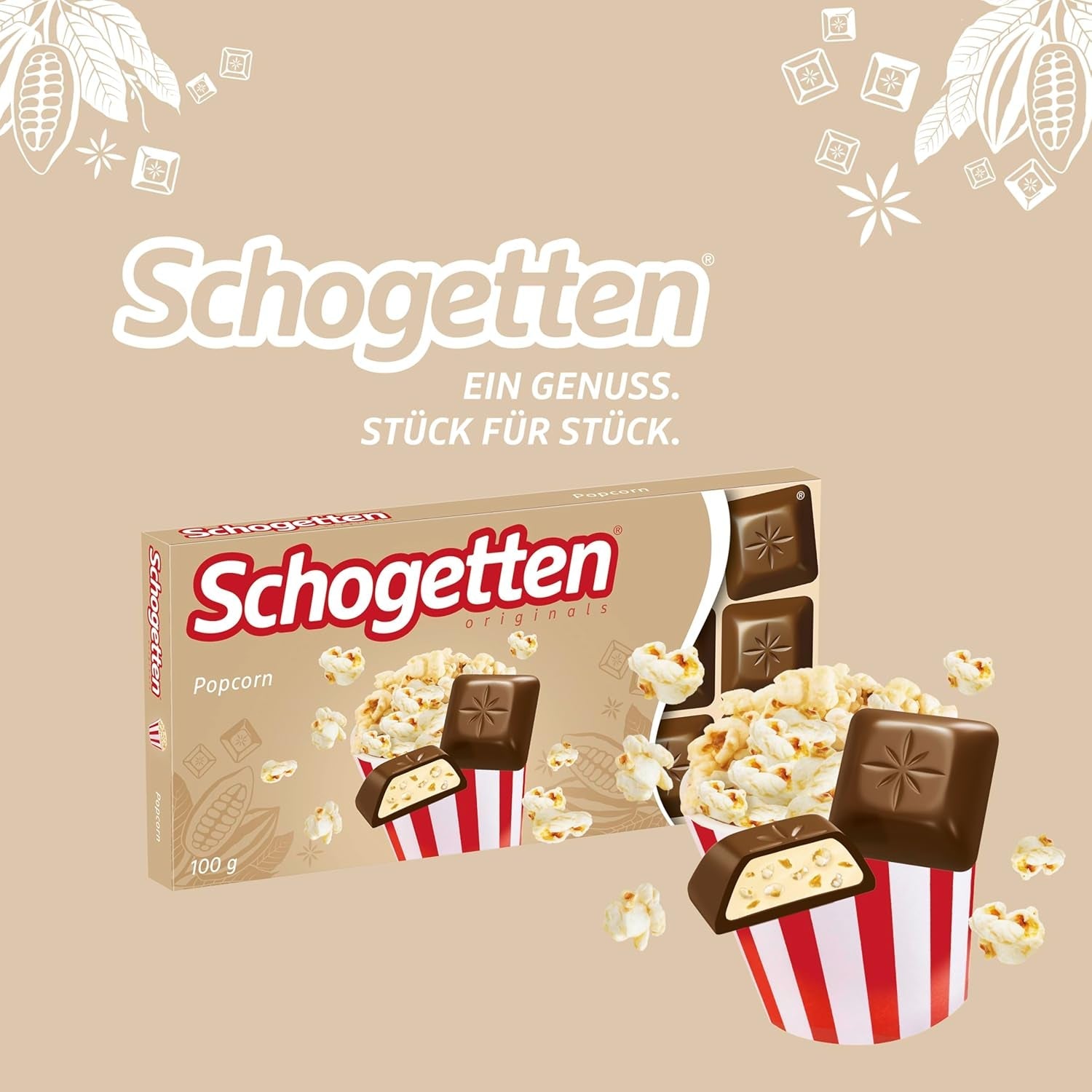 Schogentten popcorn 1 chocoladereep x 100 g, melkchocolade met popcorn en stukjes maïs, praktische losse stukjes. Een delicatesse. Stuk voor stuk.