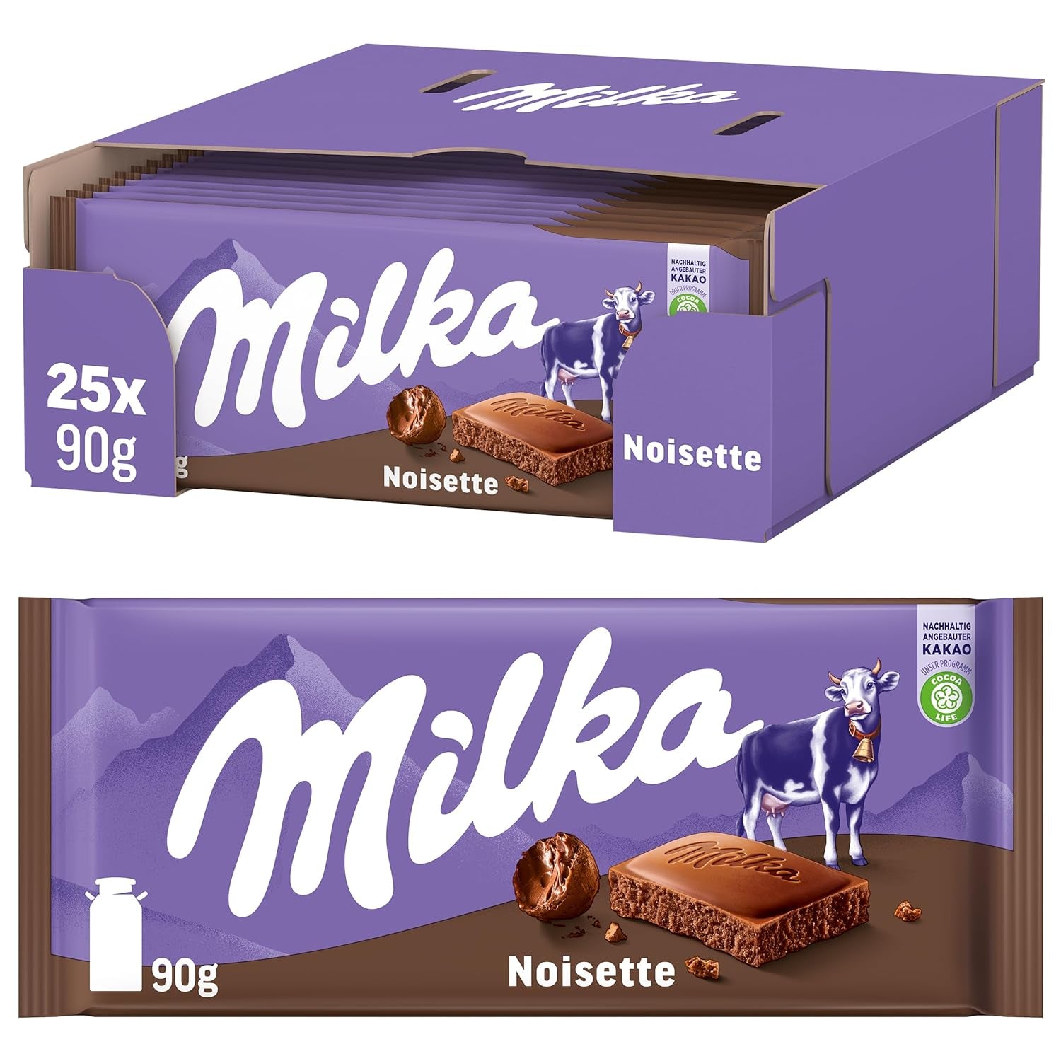 Milka Noisette – Alpenmelkchocolade met delicate en romige hazelnootvulling – 25 x 90 g