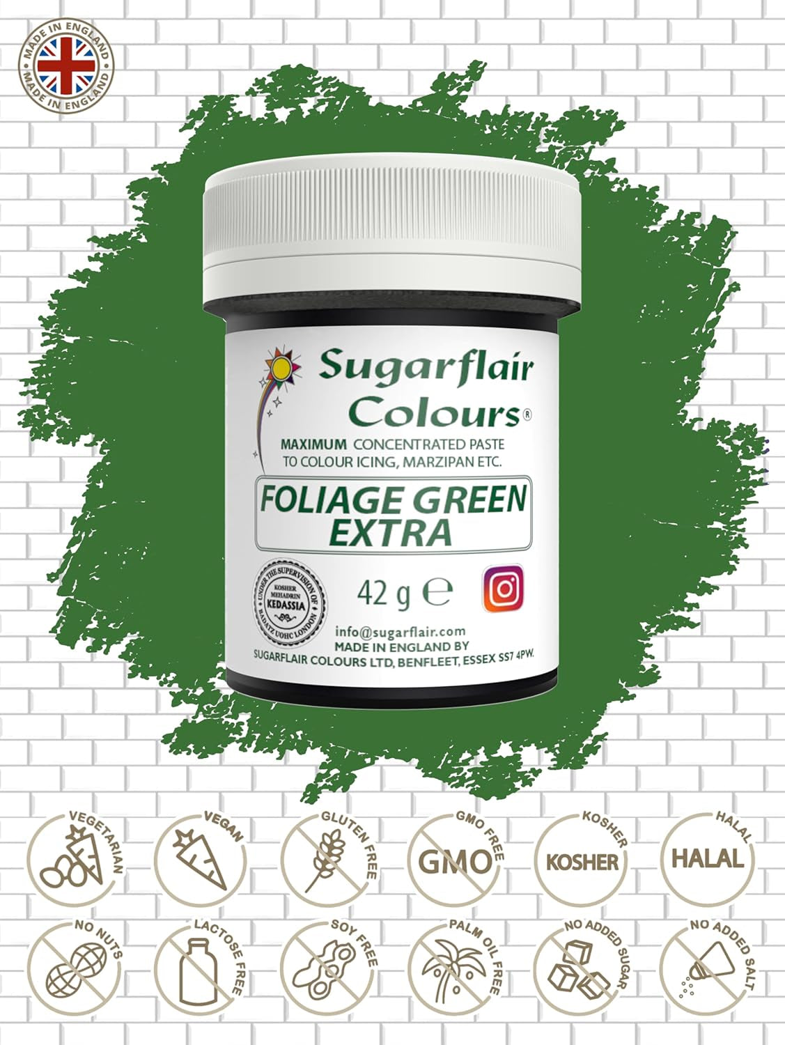 Sugarflair Max Geconcentreerde Bladeren Groene Voedselkleuring, Sterk Geconcentreerde Marsepein en Fondant Voedselkleuring, Max Concentrate Pasta Kleurstof - 42g