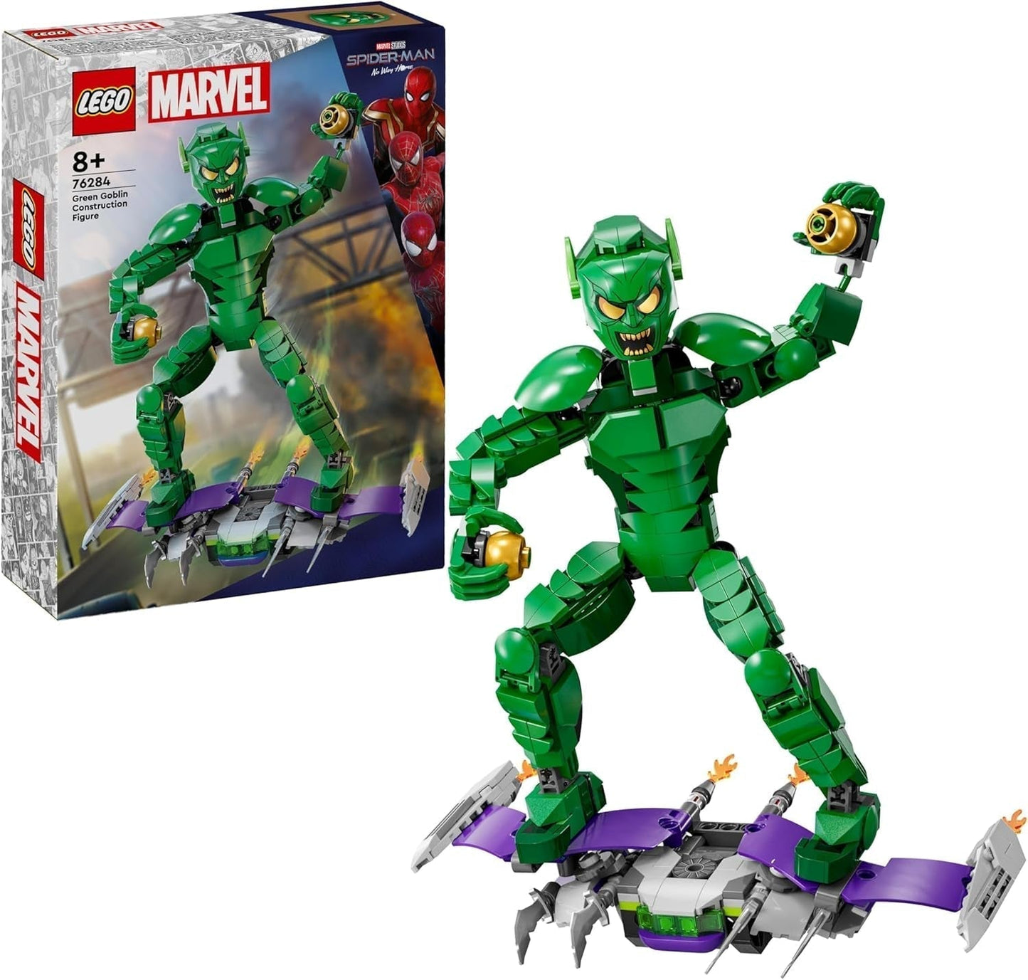 LEGO Marvel Green Goblin bouwfiguur, beweegbaar superschurk bouwspeelgoed voor kinderen vanaf 8 jaar, jongens en meisjes, Spider-Man universumset met sliders en pompoenbommen, superheld cadeau-idee 76284 Bouwsets Bekijk de LEGO-Store standaardtitel