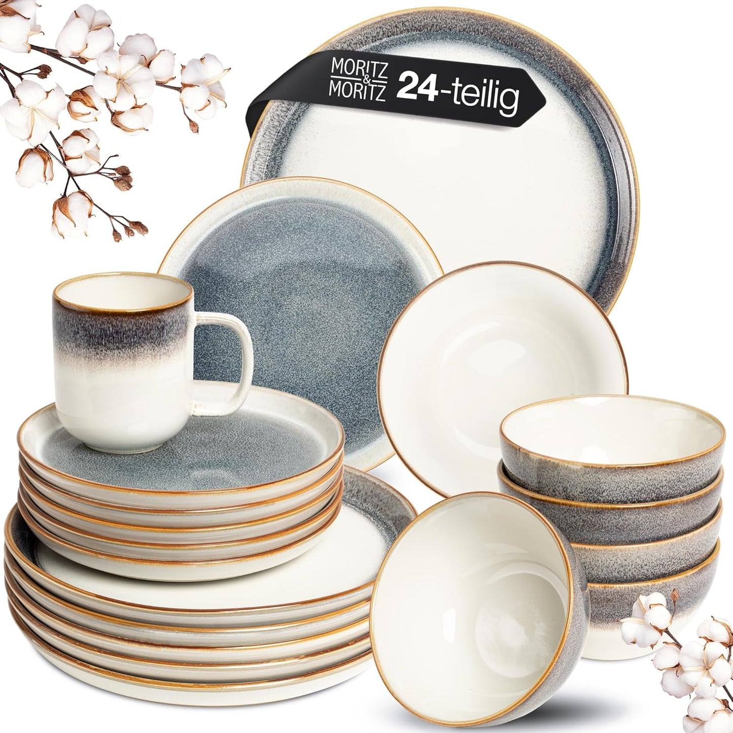 Moritz & Moritz TARENTO 24-delige serviesset voor 6 personen, grijs - Elegante hoogwaardige aardewerken bordenset - De serviesset bestaat uit 6 dinerborden, 6 dessertborden, 6 dinerborden en 6 kopjes