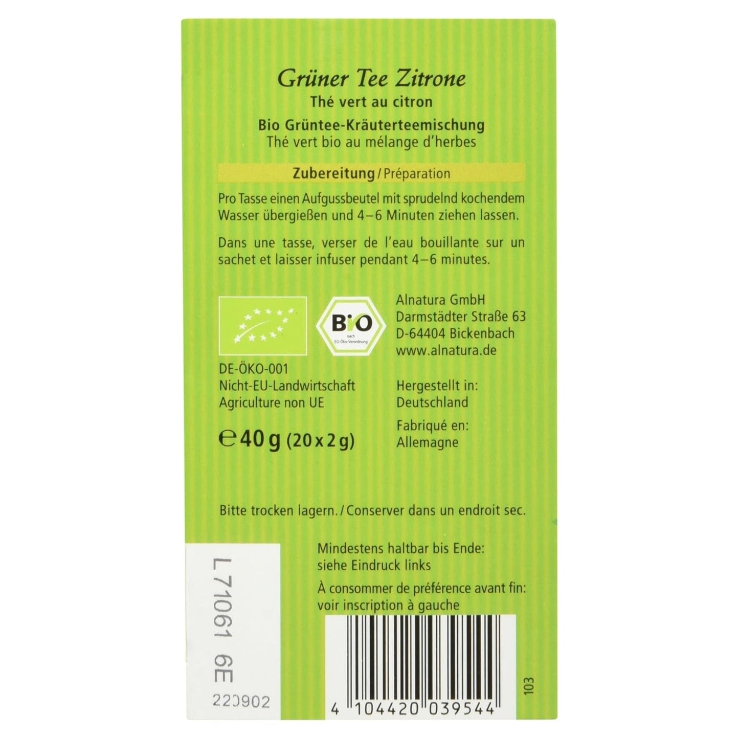 Biologische groene thee met citroen, 20 zakjes, 40 g