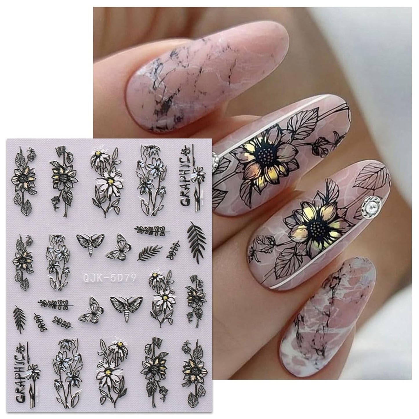 JMEOWIO 6 Blatt 3D Nagelsticker Frühlings Blume Nail Art Sticker Selbstklebend Nagelaufkleber 5D Stereoskopisch Bunte Sommer Blumen Decoratie Nageldesign Zubehör
