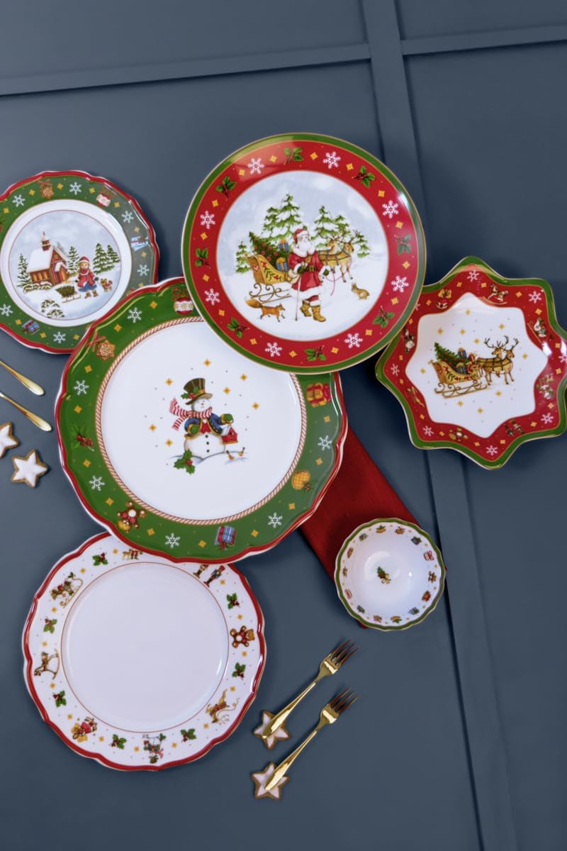Hutschenreuther Happy Wintertime Red Christmas servies voor 6 personen, porselein, veelkleurig, 6 ontbijtborden, 6 dinerborden en 6 dinerborden, vaatwasser- en magnetronbestendig