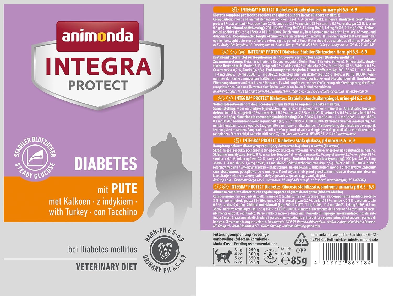 Animonda INTEGRA PROTECT natvoer voor katten met diabetes met kalkoenvlees (24 x 85 g), aanbevolen door dierenartsen bij diabetes, een volledige dieetvoeding voor volwassen katten, ontwikkeld in samenwerking met dierenartsen.