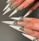 Mouyuglow Lange nagels Stiletto Melkwit Gradiënt Roze Glitter Cool Nepnagels met lijm Roze Ombre Glitter Kunstnagels