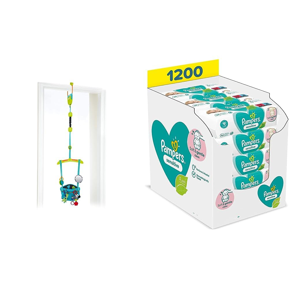 Bright Starts Deluxe deurvangerset met veilige en stabiele deurframeclip en Pampers Sensitive babydoekjes, 1200 doekjes (15 x 80)
