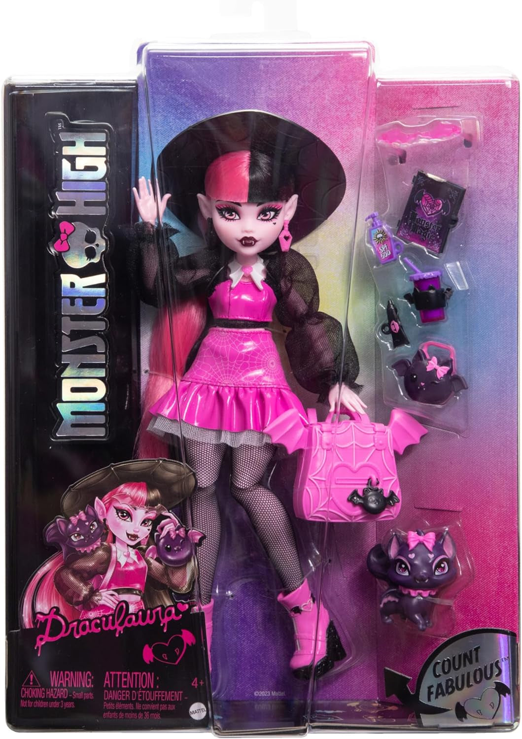 Monster High Draculaura pop met haar huisdier Count Fabulous vleermuiskat en accessoires zoals rugzak, spreukenboek, bentobox en meer, HRP64 Naty Shop Dolls
