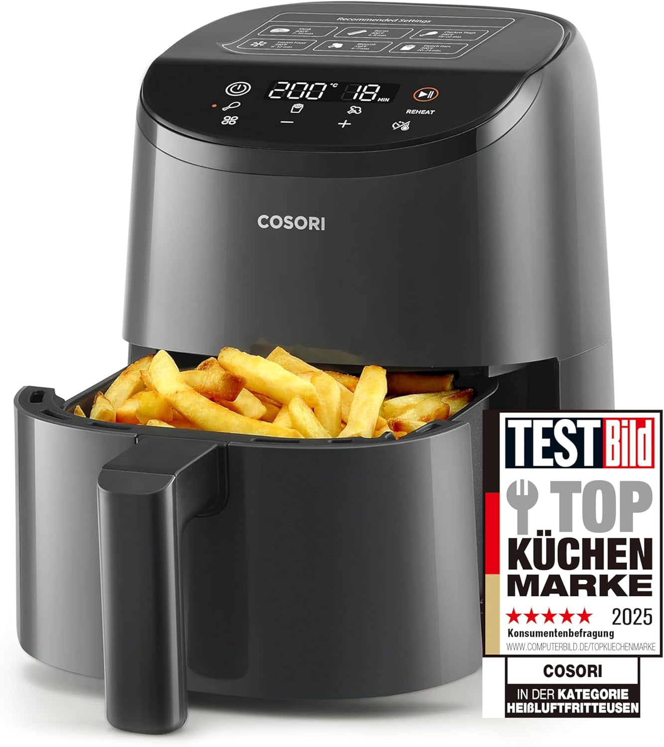 COSORI heteluchtfriteuse Airfryer, 12-in-1 luchtfriteuse XXL 6,2 liter, heteluchtfriteuse met kijkvenster en roerherinnering, 80 recepten huishoudelijke apparaten Naty Shop Light Black 2L Mini