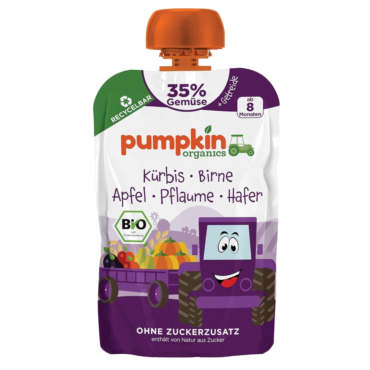 Pumpkin Organics Bio Gemüse-Getreide-Quetschie Kürbis, Birne, Apfel, Pflaume, Hafer ohne Zuckerzusatz¹ - ab 8 Monaten - als Snack of Beikost für unterwegs (100g)