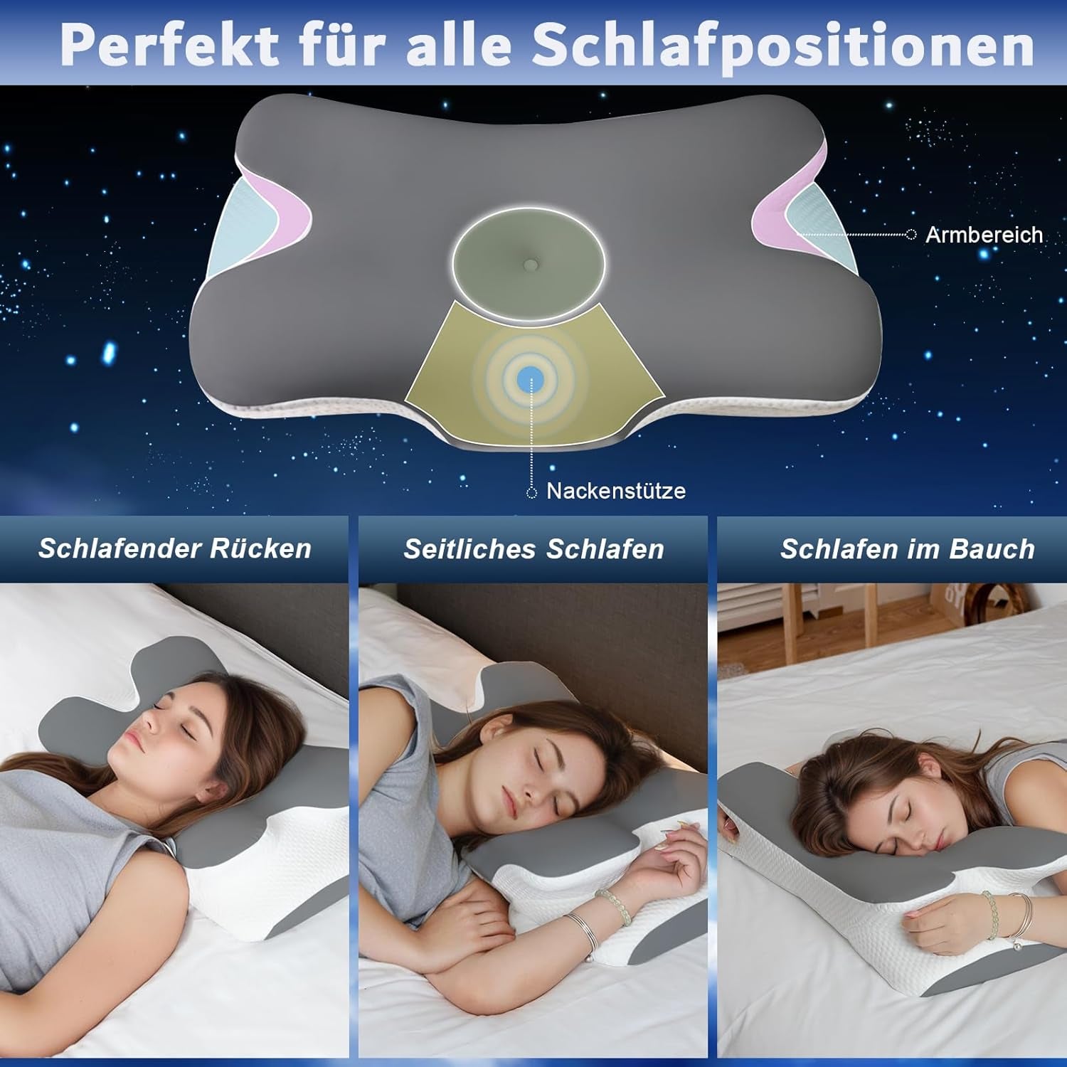 Kussen van traagschuim Nekkussen Orthopedisch kussen - Ergonomisch ontwerp Holle vorm Voor zij-, rug- en buikslapers Grijze cervicale orthopedische kussens Naty Shop