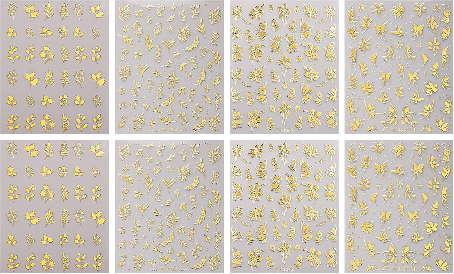 JMEOWIO Nagelsticker Goldene Blumen 8 Blatt Nail Art Sticker Selbstklebend Nagelaufkleber Decoratie Nageldesign Zubehör