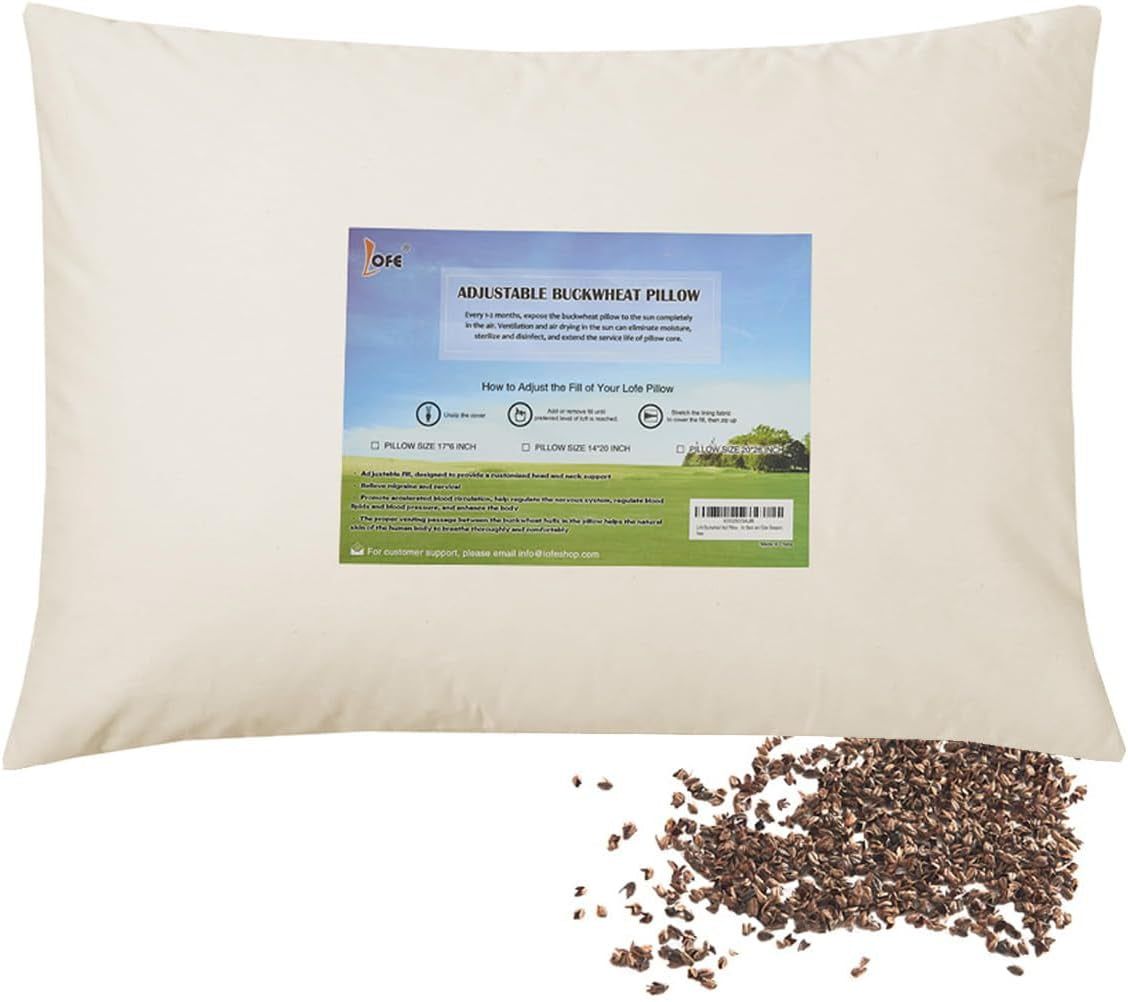 LOFE Biologisch Boekweit Slaapkussen 35,6 X 50,8 cm Verstelbaar Ademend Koele Slaap Cervicale Ondersteuning voor Rug- en Zijslapers (Tartaire Boekweitdoppen) Naty Shop Standaard Kussens Crème Kleur Middelgroot (16Ã-22 Inch)