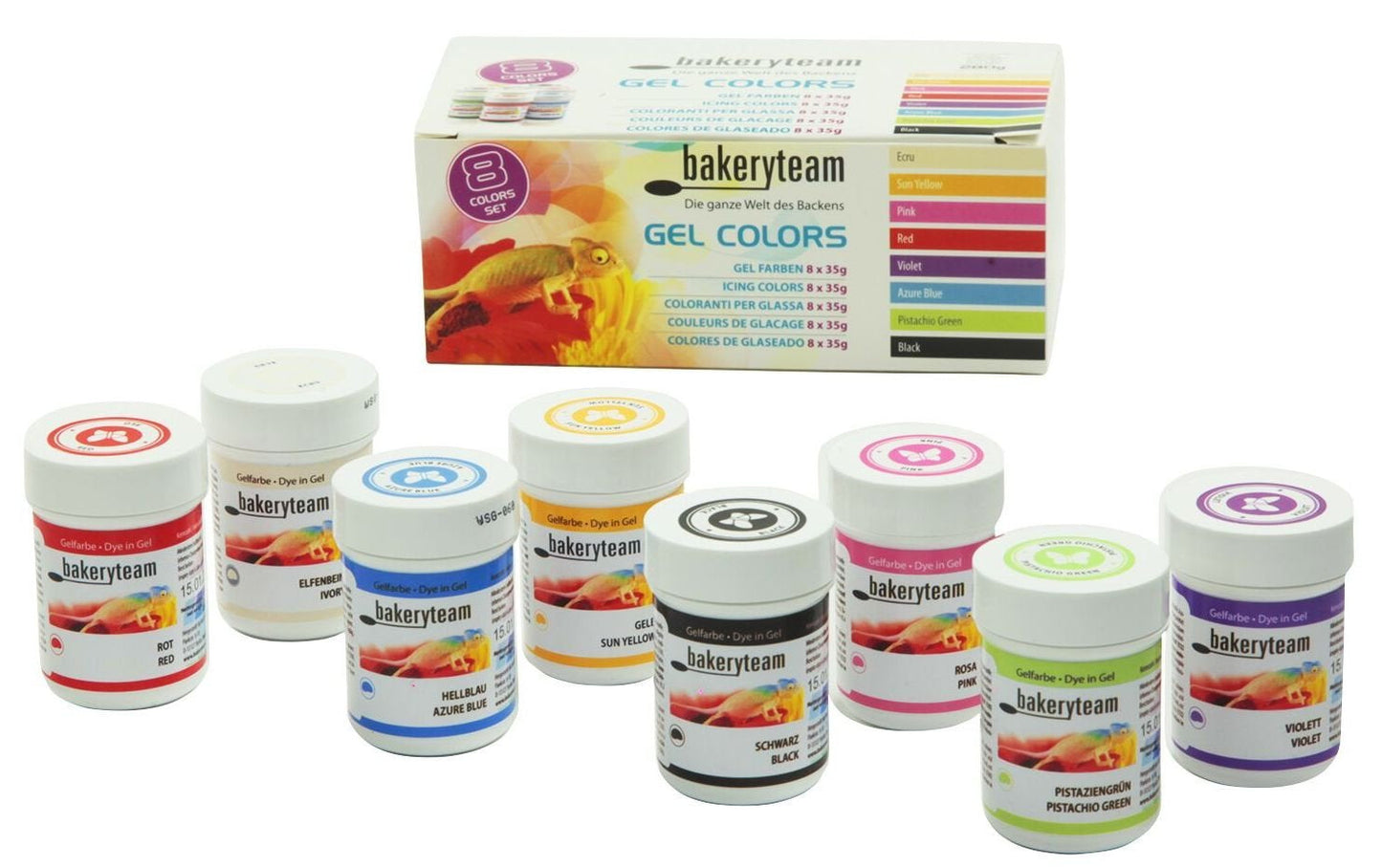 Bakeryteam gelvoedselkleuren voor fondant, marsepein, cupcake, room, cake, torte, ijs, set (8 x 35 g)