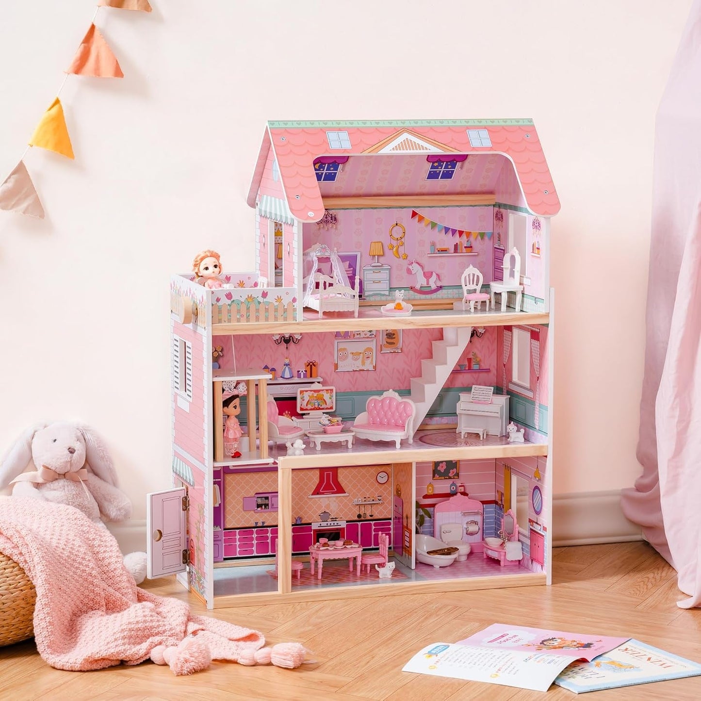 ROBUD Houten poppenhuis voor kinderen Poppenhuisspeelgoed Cadeau voor meisjes en jongens van 3 4 5 6 jaar oud