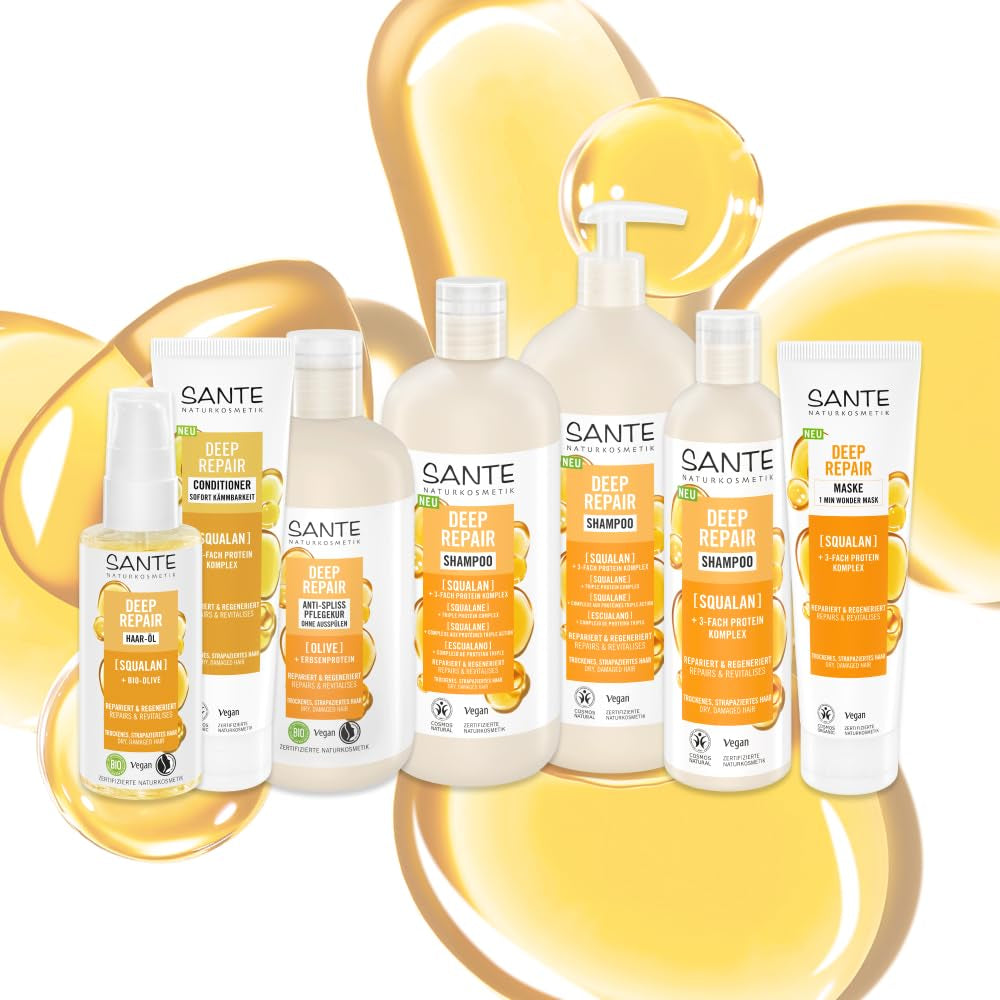 SANTE Natural Cosmetics Deep Repair Mask Squalane + 3x proteïnecomplex, veganistisch haarmasker voor intense hydratatie en flexibel haar, herstelt en regenereert beschadigd haar, 150 ml Naty Shop Haarmasker