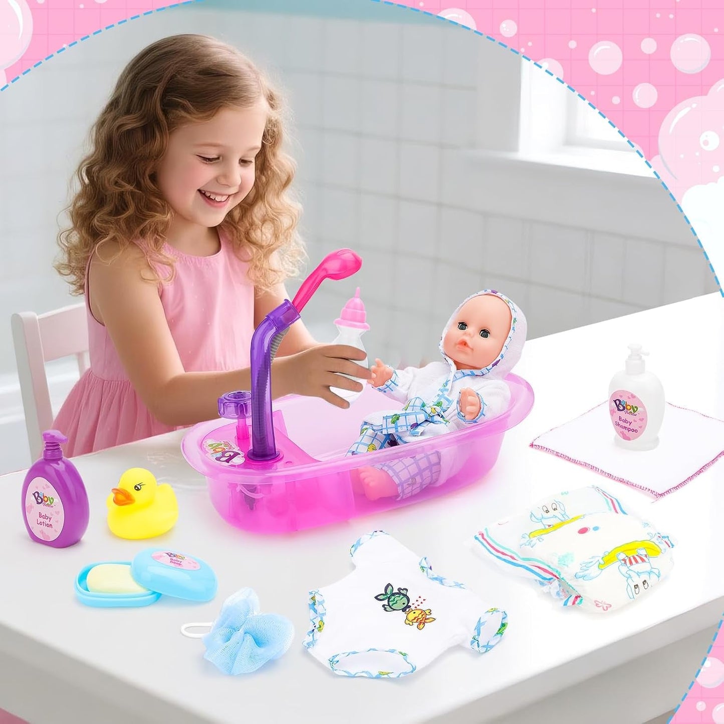deAO poppenbadset, interactieve pop van 33 cm, poppenbad, poppenspeelset met fopspeen, poppenkleding, badjas, poppenluiers, badkuip en functionele douchespray
