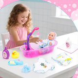 deAO poppenbadset, interactieve pop van 33 cm, poppenbad, poppenspeelset met fopspeen, poppenkleding, badjas, poppenluiers, badkuip en functionele douchespray