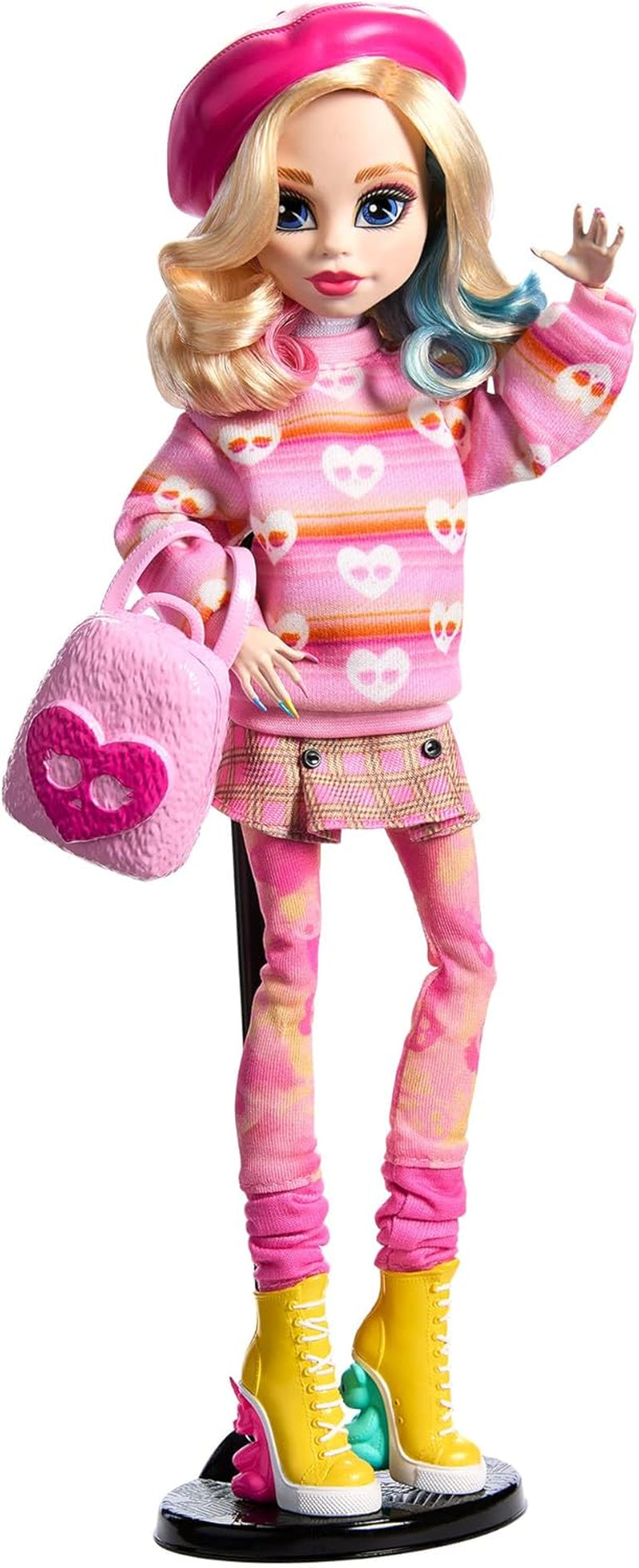 Monster High Wednesday-pop en accessoires Roze Enid Sinclair verzamelfiguur met baret en rugzak Poppenstandaard HXJ05