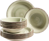 MÄSER Serviesset voor 6 personen, moderne vintage look, 12-delig tafelservies, handgeschilderd, groen, tegel, olijfgroen (Bel Tempo II)