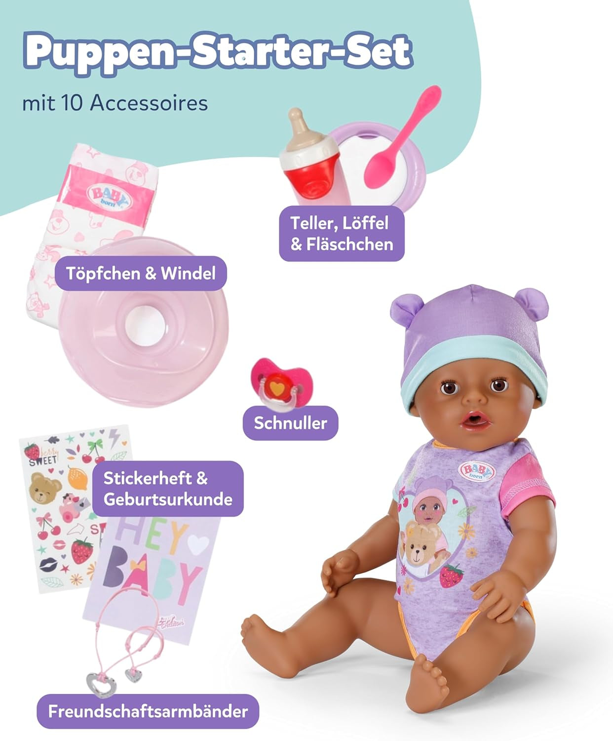 BABY Born Eva - babypop 43 cm - 10 functies inclusief accessoires en matras - Werkt volledig zonder batterijen - Geschikt voor kinderen vanaf 3 jaar