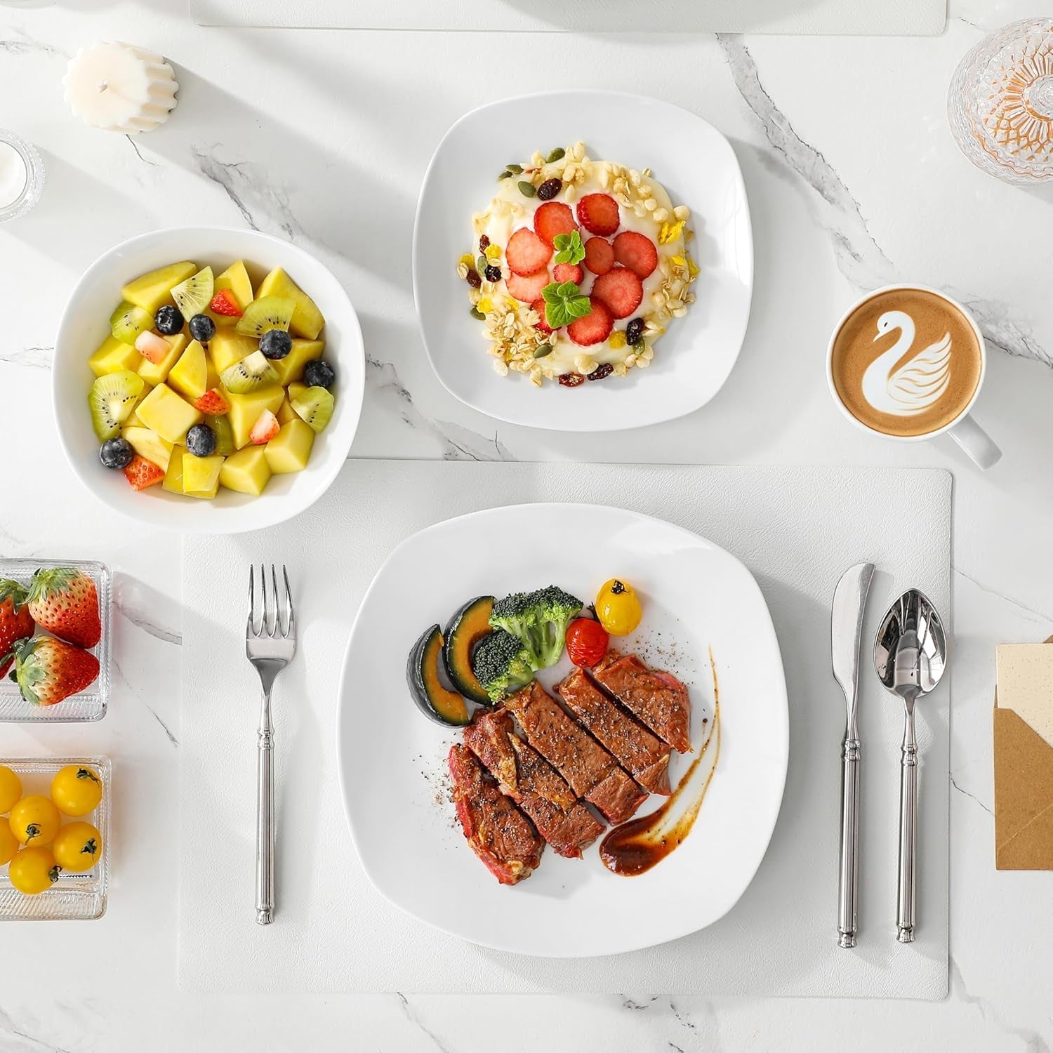 MALACASA Serviesset voor 4 personen, 16-delig wit porseleinen servies, moderne serviesset met 4 dinerborden, dessertborden, Suma-borden en kopjes, ELISA-serie