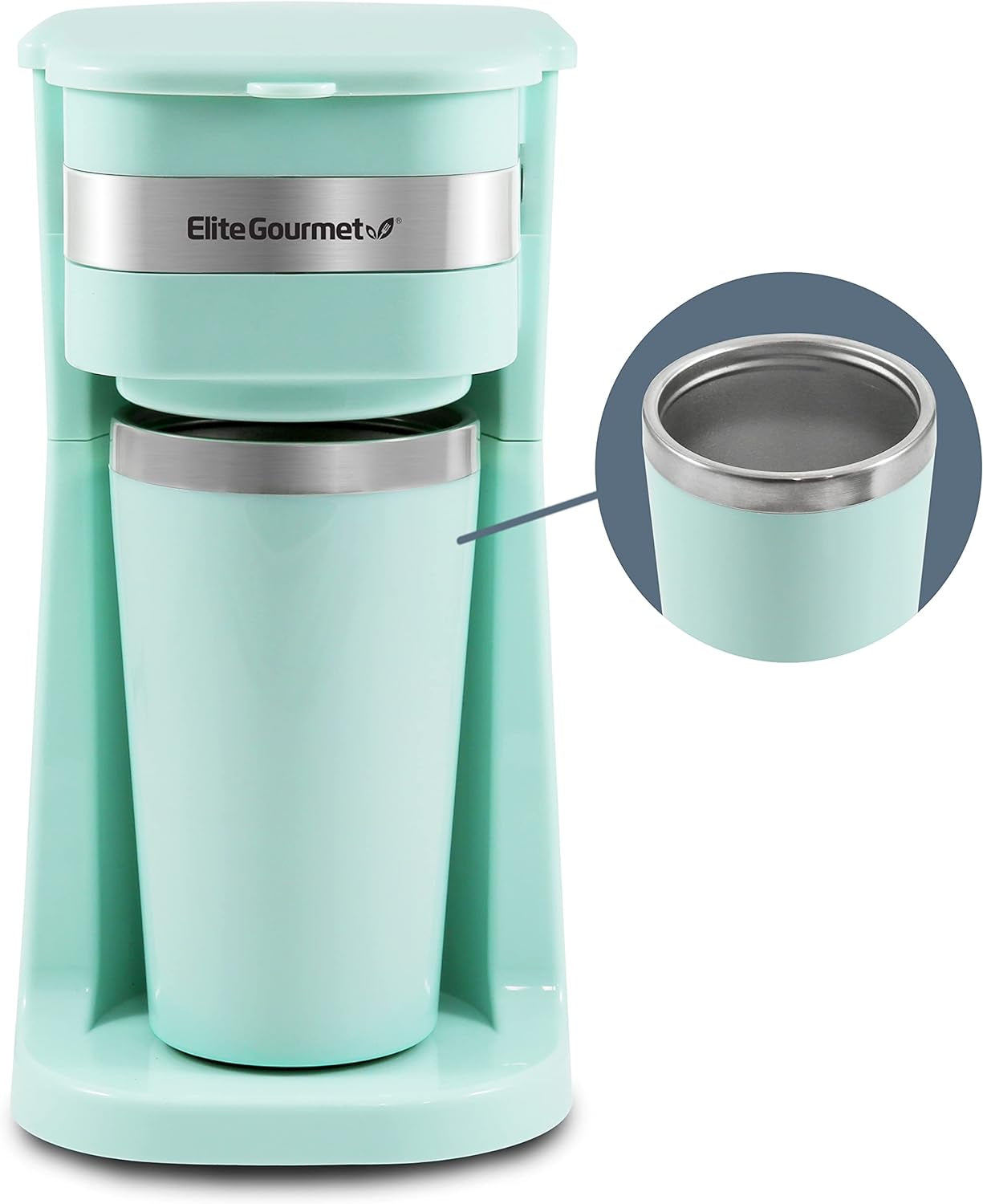 EHC113M# Compact persoonlijk filter-espressoapparaat voor één portie met roestvrijstalen thermische reismok aan de binnenkant van gemalen koffie, herbruikbaar filter mintgroen 400 ml