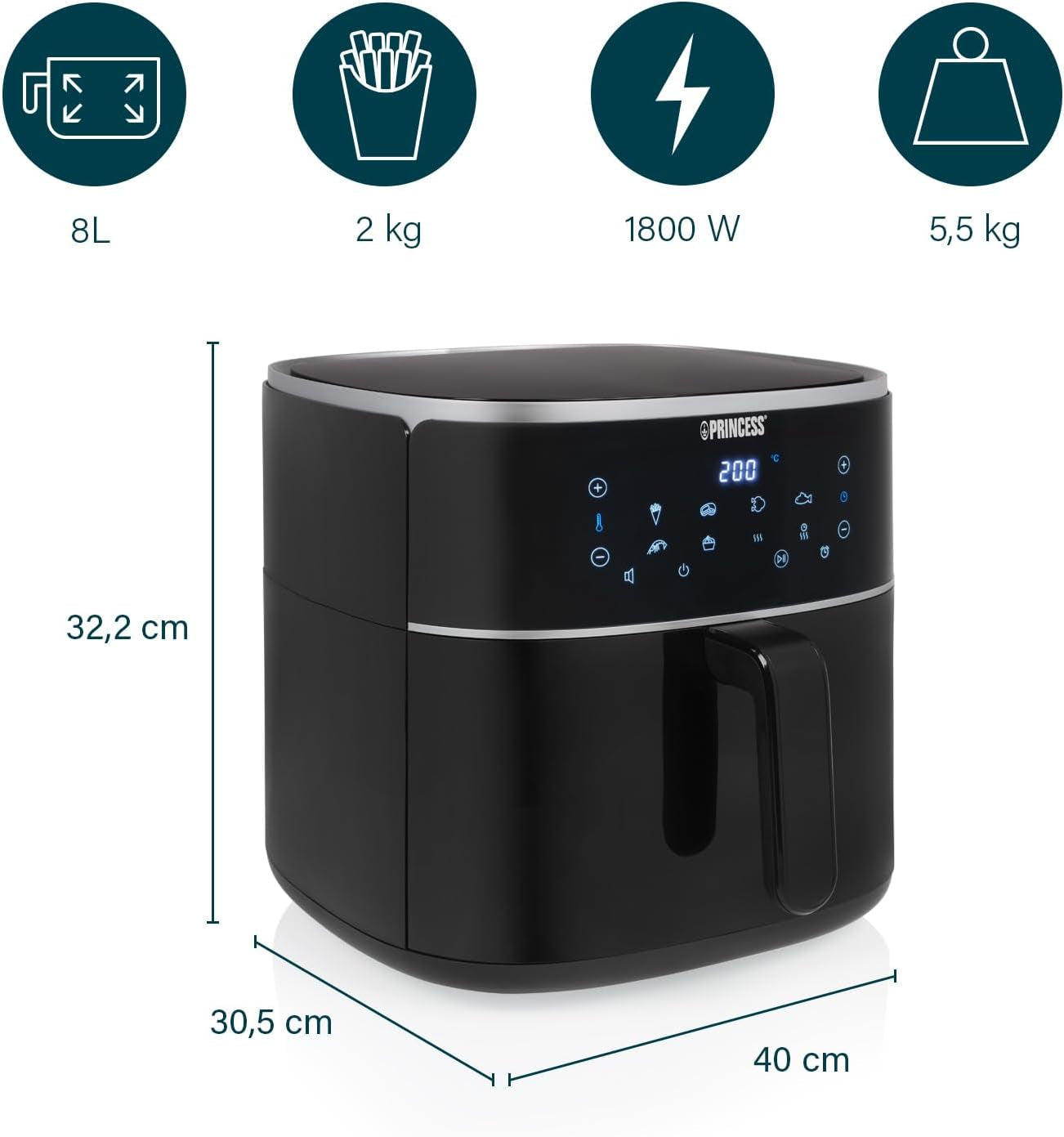 Princess Digitale Heteluchtfriteuse - Variabele bakinhoud - Maximaal 8 liter - 6 vooraf ingestelde programma's Apparaten Naty Shop