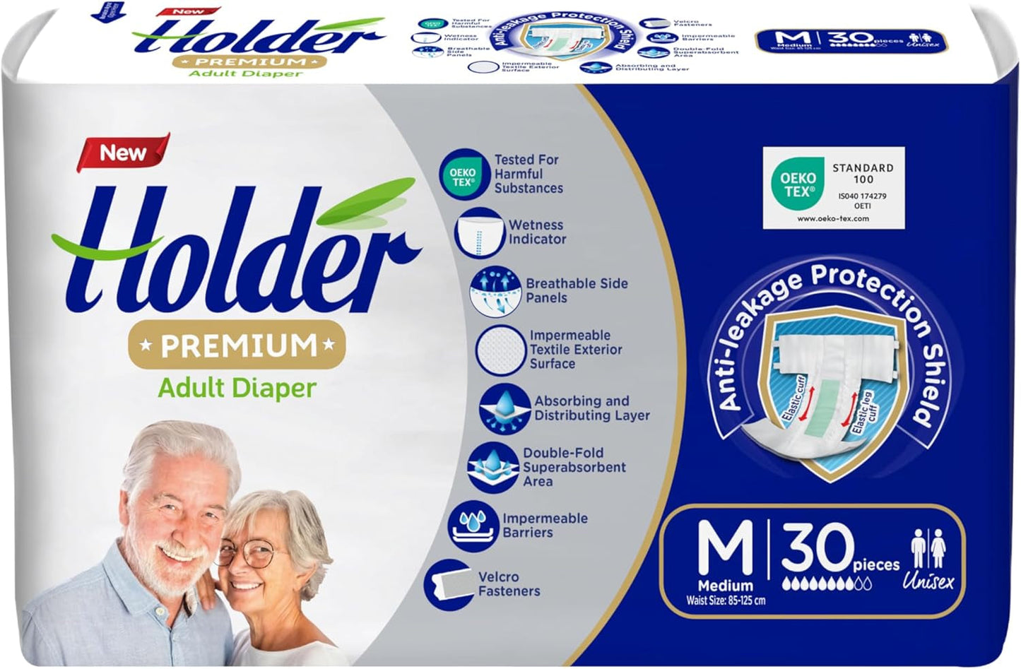 Wegwerpluiers voor volwassenen, unisex, waterdicht, absorberend, elastisch, zijkant, ademend, superabsorberend, dubbellaags, vochtindicator, 5-sterren dermatologische bescherming, medium