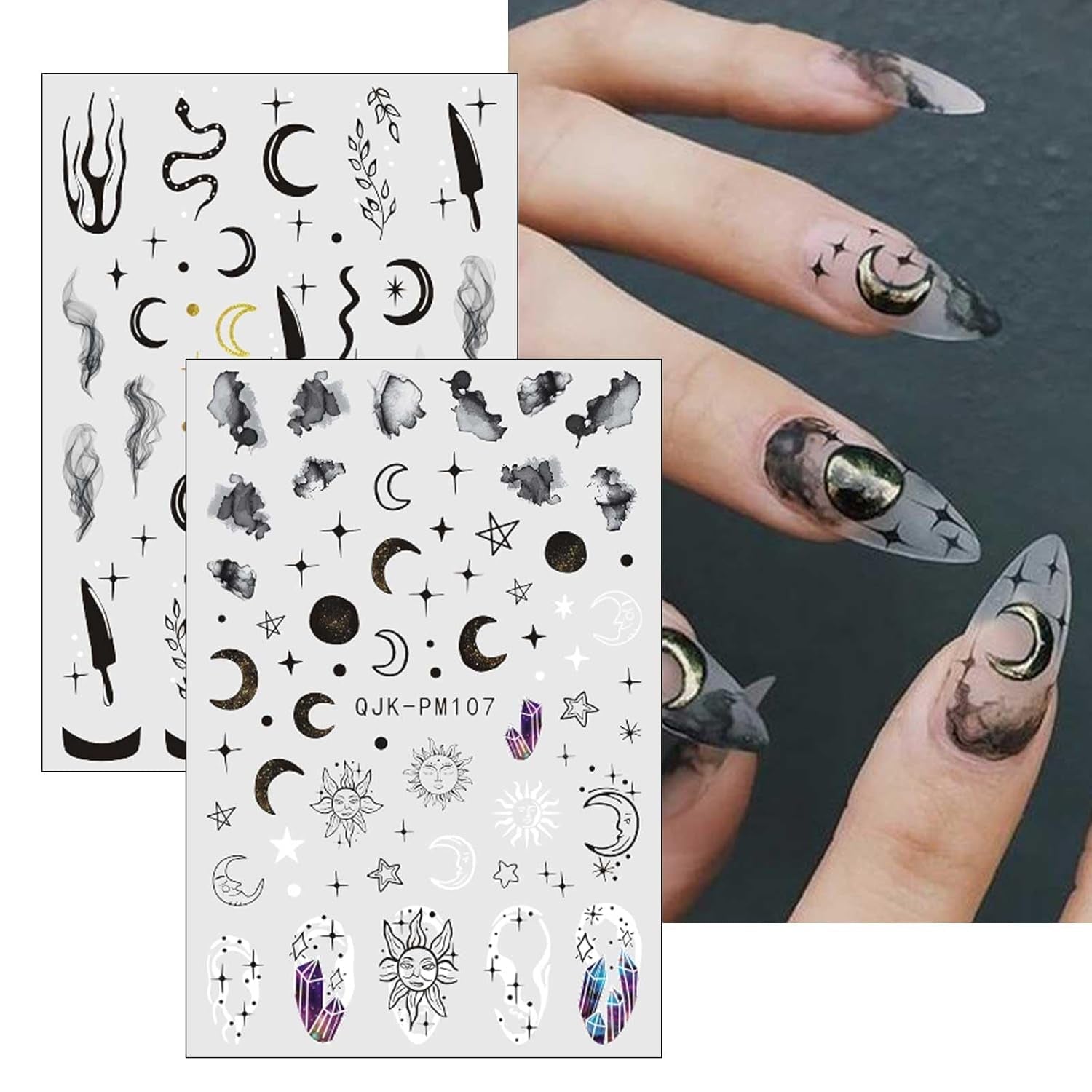 Jmeowio Nagelsticker Mond Stern Sonne 9 Blatt Nail Art Sticker Selbstklebend Nagelaufkleber Bunte Decoratie Nageldesign Zubehör