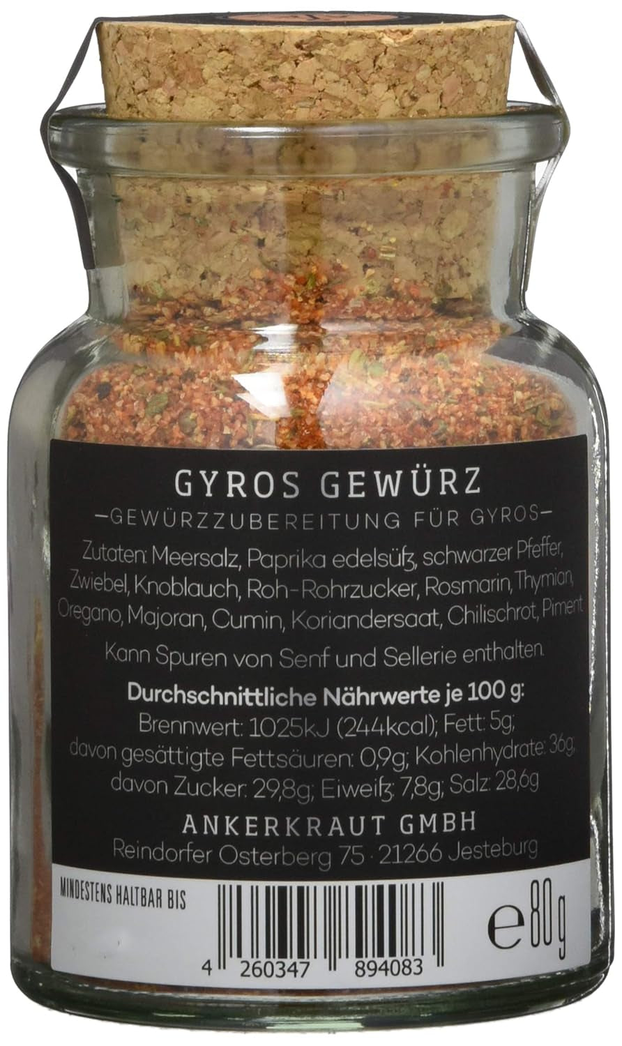 Ankerkraut Gyros, Gewürzmischung für Gyros, egal ob aus der Pfanne of vom Grill, mit Zwiebel, Knoblauch, Marjolein, Komijn, Piment en meer, 80 g in korkenglas