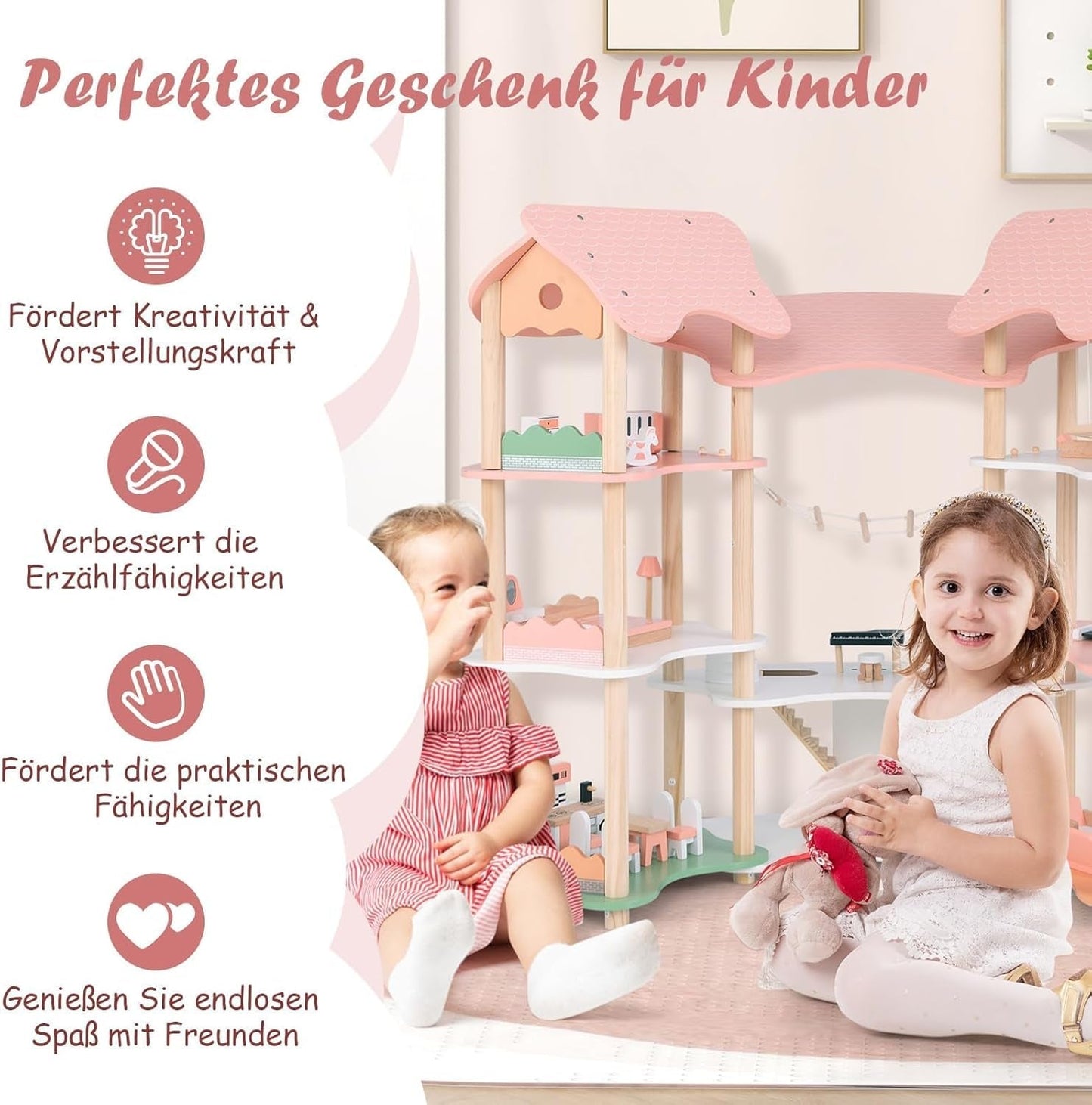 FANTASK houten poppenhuis, 85 cm hoog poppenhuis met 7 kamers en 32 meubels en accessoires, poppenhuis met touwladder, poppenhuiscadeau voor meisjes van 3 jaar oud (model 3) Naty Shop Dollhouses
