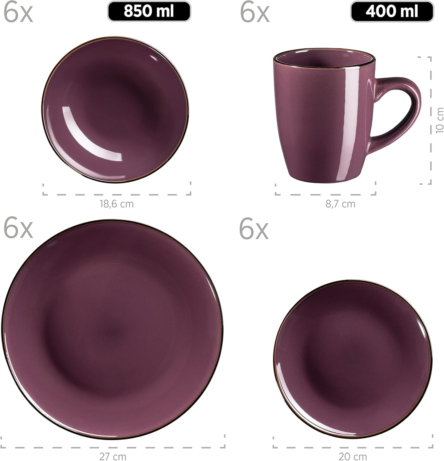 Moderne 6-persoonsserviesset met koperen rand, 24-delig randloos bekervormig combinatieservies, lavendel