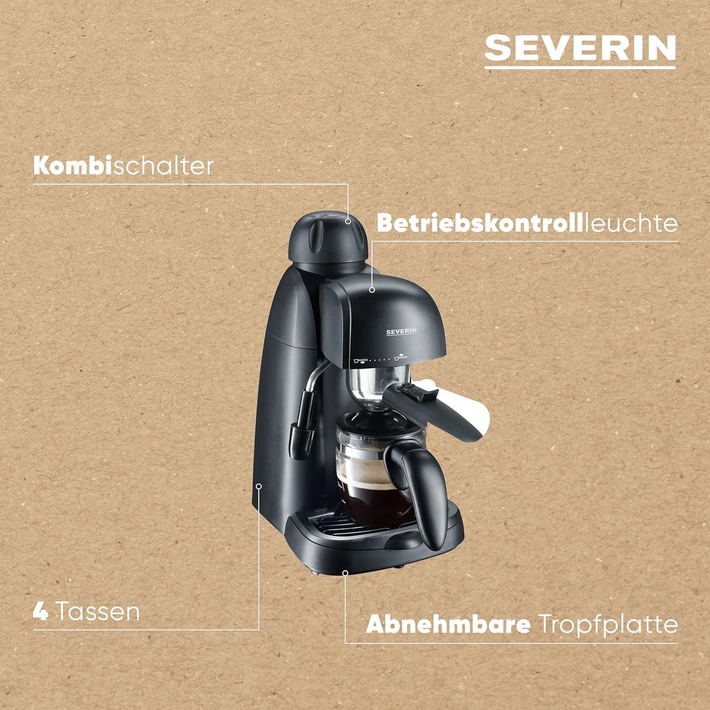 SEVERIN KA 5978 espressomachine (inclusief serveerschaal en maatlepel, maximaal 4 kopjes) zwart, Standaard