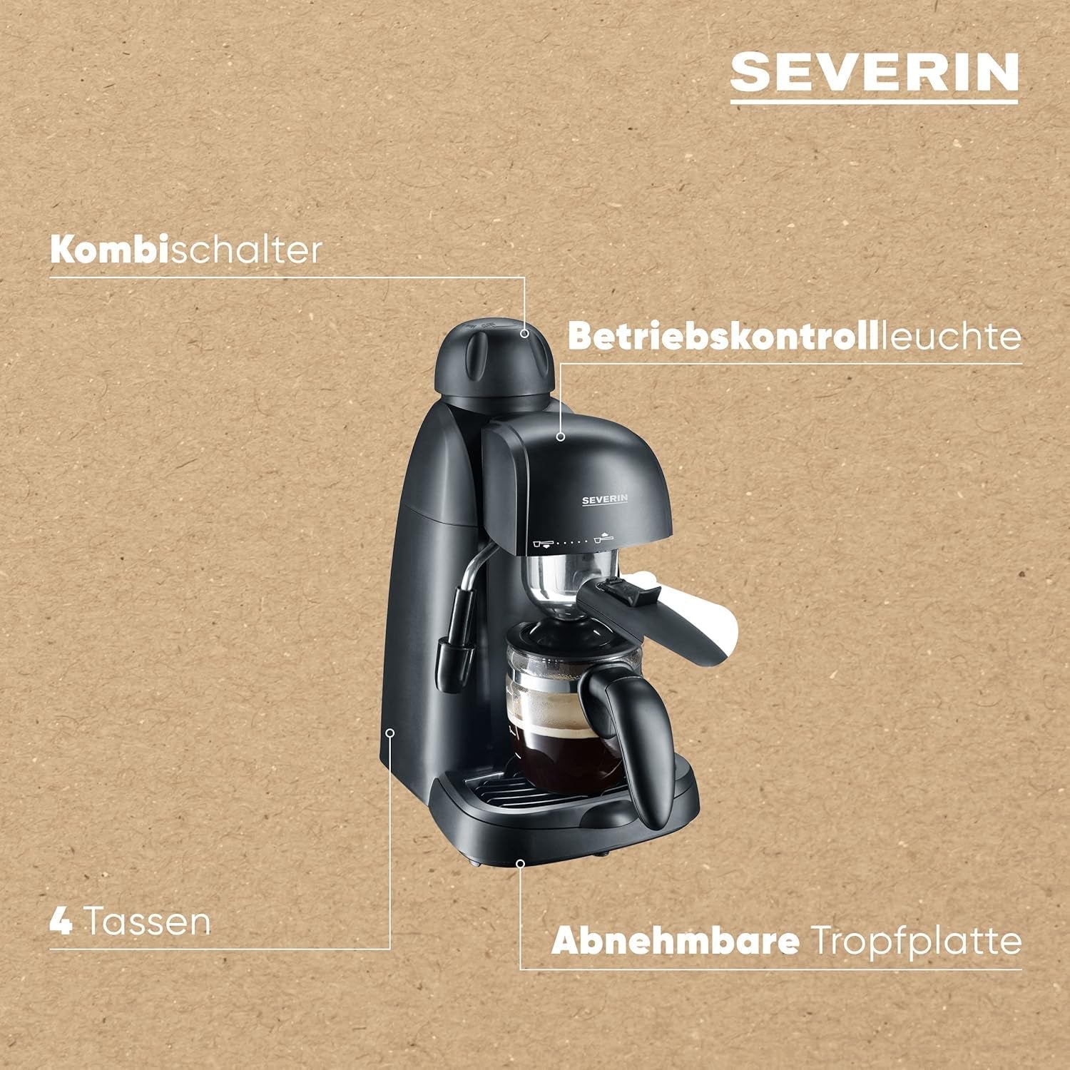SEVERIN KA 5978 espressomachine (inclusief serveerschaal en maatlepel, maximaal 4 kopjes) zwart, Standaard
