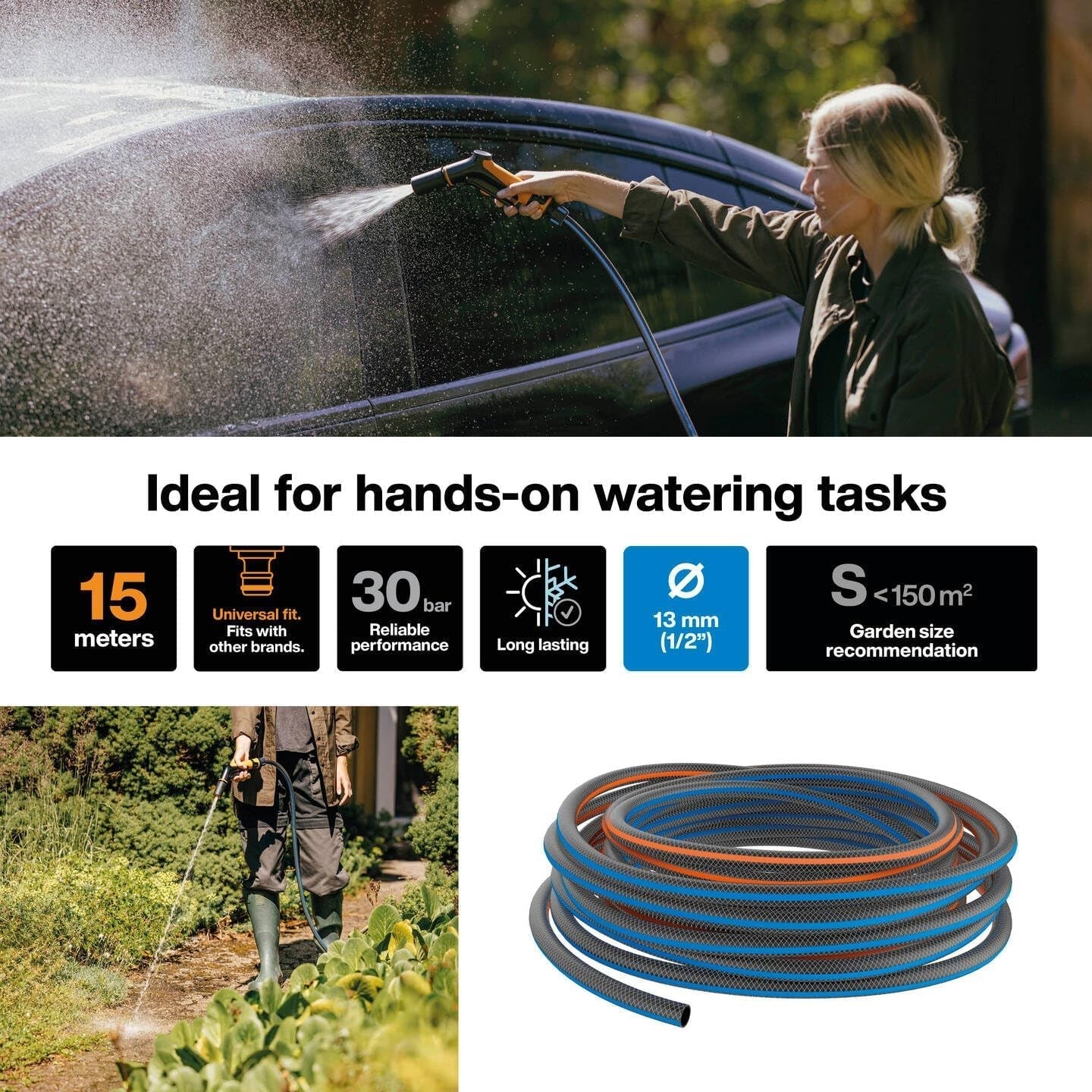 Fiskars S tuinslang, serie X, waterslang voor handmatige besproeiing, 13 mm (1/2"), lengte: 15 m, universele aansluiting, UV-bescherming, vorstbescherming, draaibestendig, blauw, 1076044