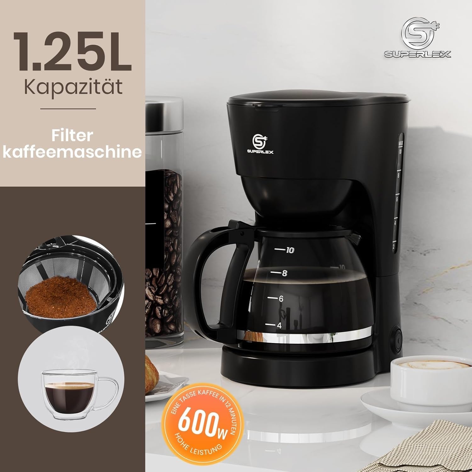 Filterkoffiezetapparaat van 1,25 liter voor 10 kopjes filterkoffie, vaatwasmachinebestendige glazen karaf, thermoskan, antidruppelsysteem, automatische uitschakeling, 600 W, waterloze kookbeveiliging voor thuis en op kantoor