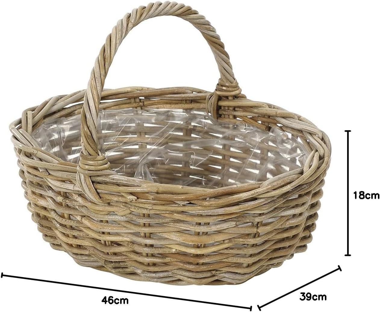 Dehner rotan bloemenmand met handvat, ca. 46 x 39 x 18 cm, rotan stof, grijs/bruin