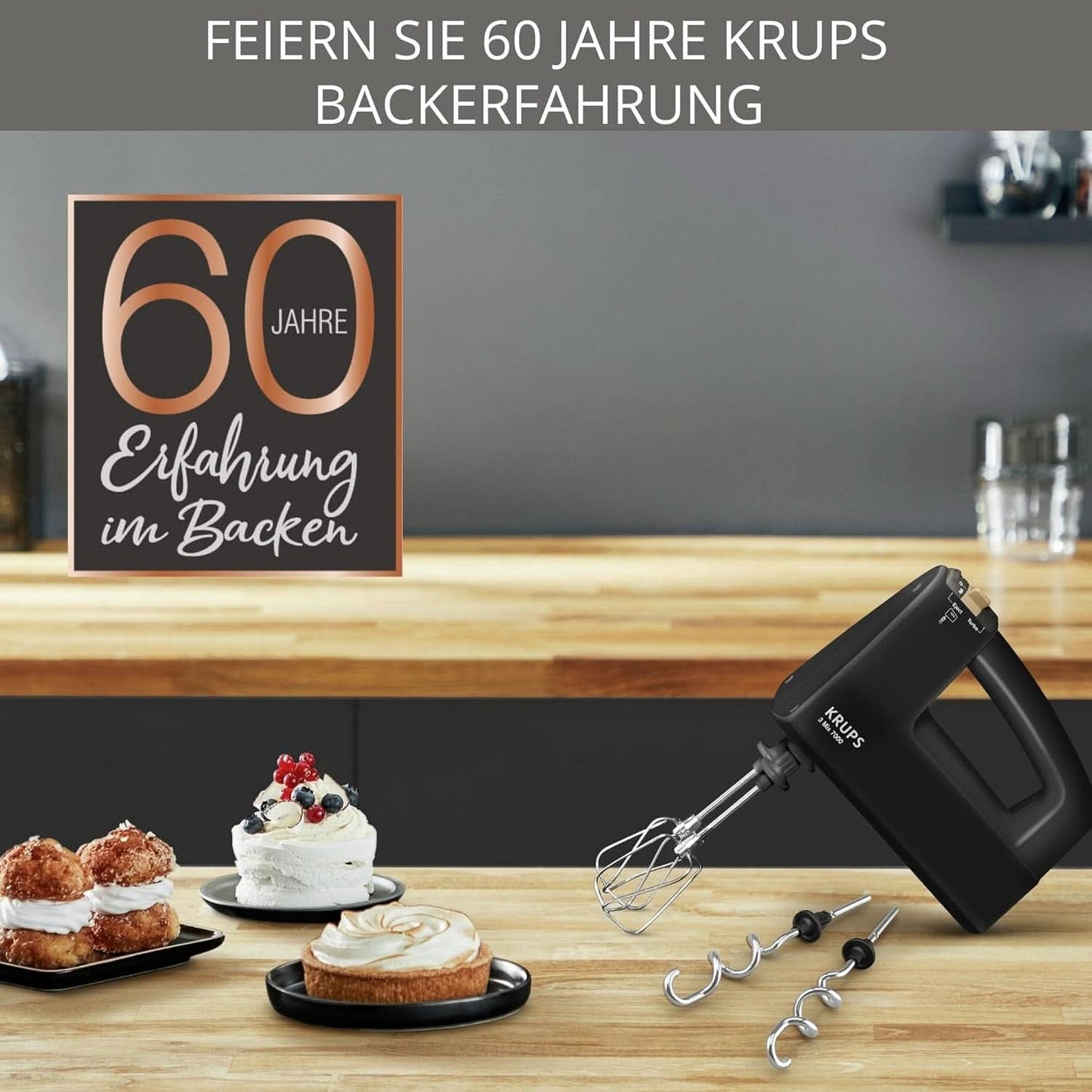 Krups 3Mix 7000 Handmixer 60 Jahre Special Edition, 500 Watt, Knet- en Rührhaken Aus Edelstahl, Langes Netzkabel, Zubehörtasche, F6085811, Schwarz/Kupfer Kitchen Naty Shop