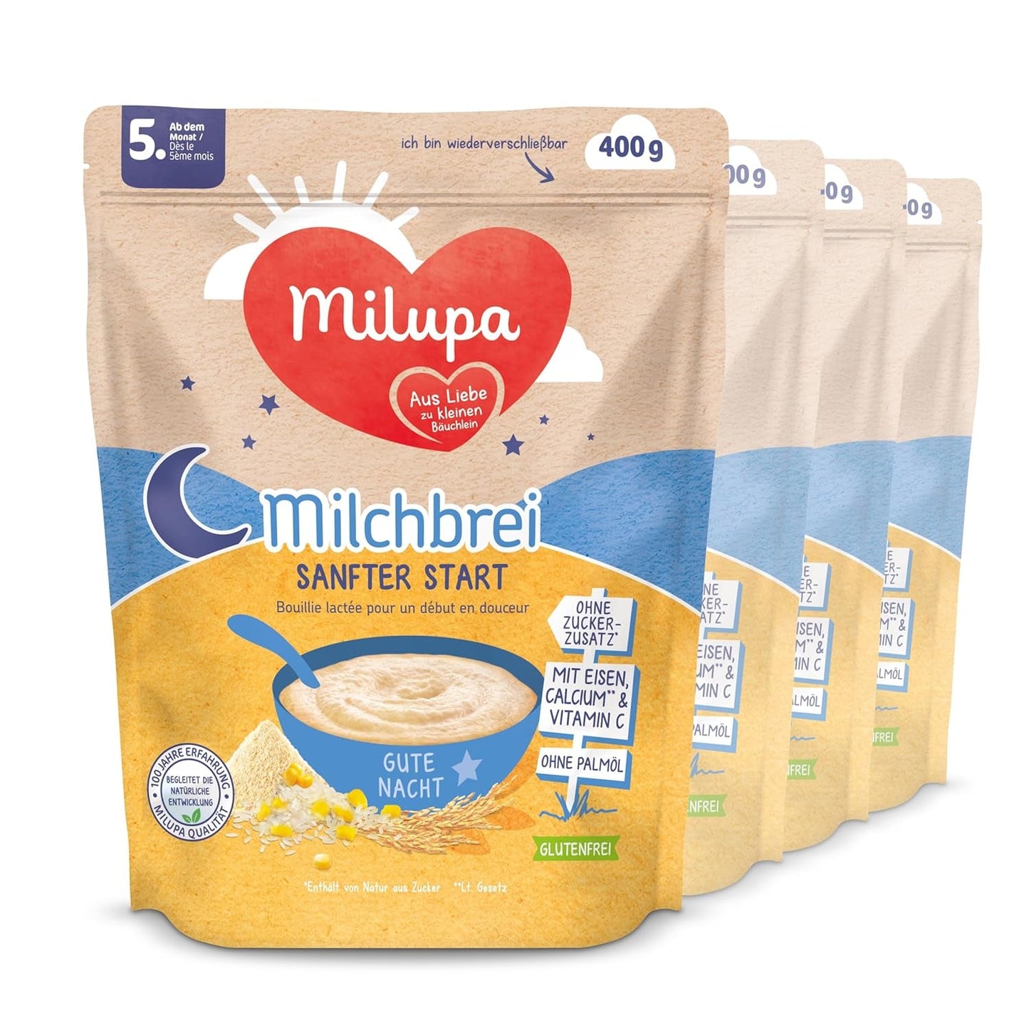 Melkpap Milupa Gentle Start - Granen voor baby's zonder gluten, zonder palmolie - Zonder bewaarmiddelen en kleurstoffen - Vanaf 5 maanden - 4 x 400 g