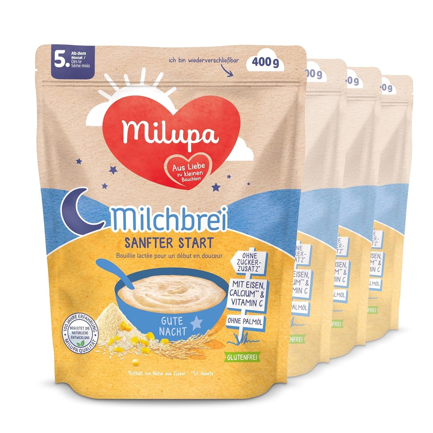 Melkpap Milupa Gentle Start - Granen voor baby's zonder gluten, zonder palmolie - Zonder bewaarmiddelen en kleurstoffen - Vanaf 5 maanden - 4 x 400 g