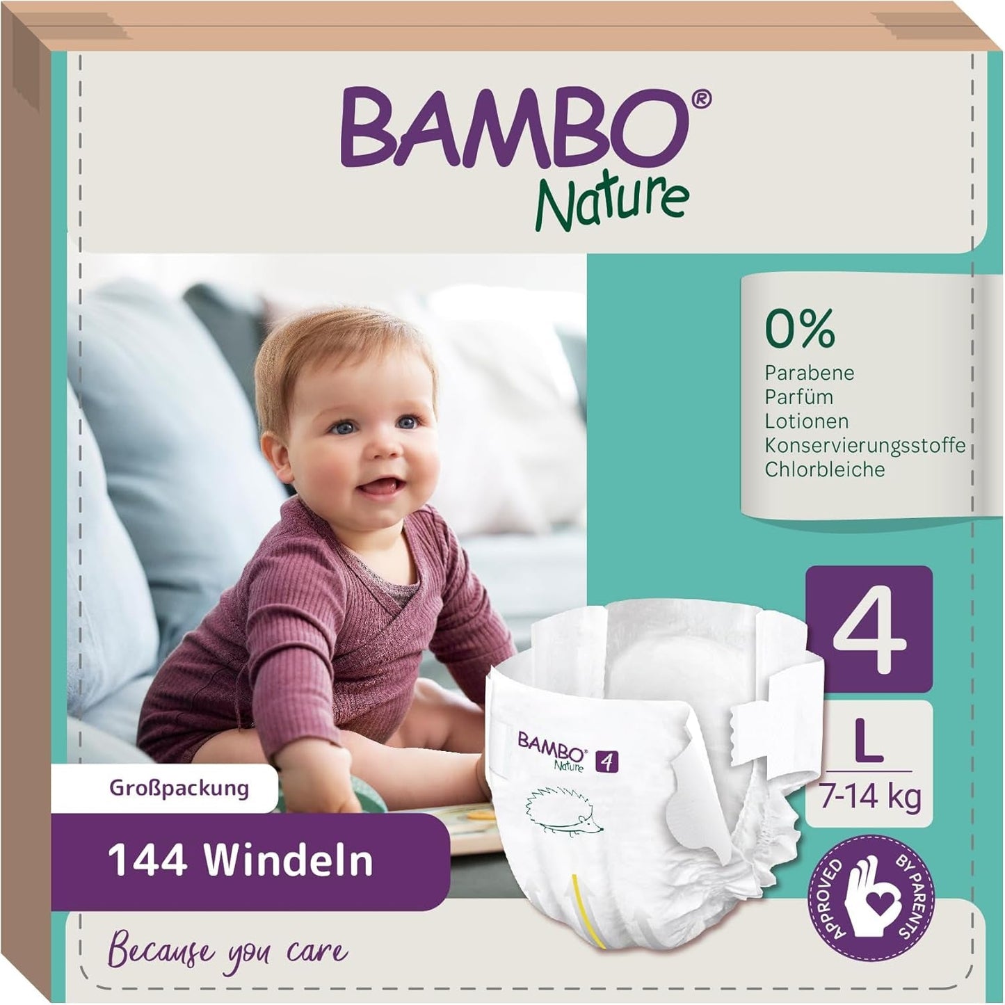 Bambo Nature Luiers voor baby's, maat 4 (7-14 kg), 144 stuks, maanddoos | Premium luiers met verbeterde lekbescherming | Ultiem comfort en vrijheid voor actieve kinderen | Dermatologisch geteste luiers