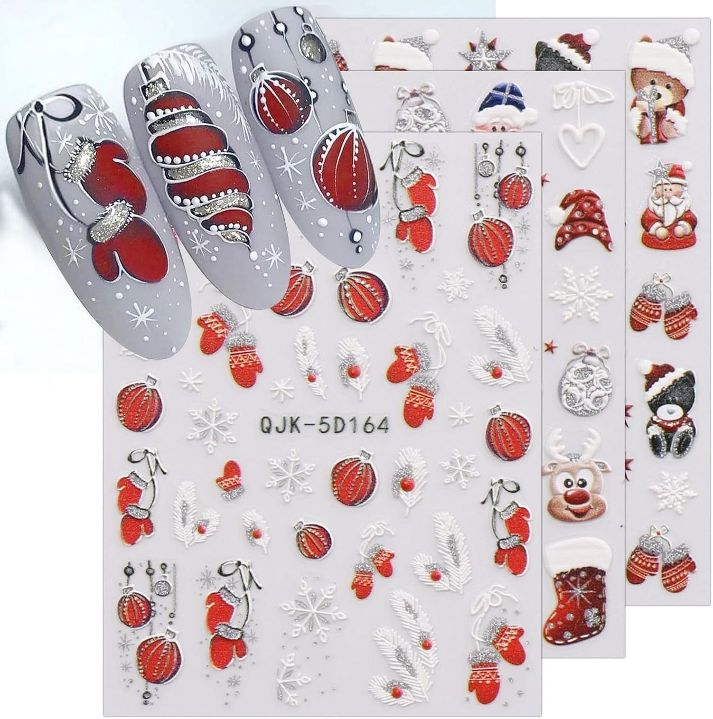 JMEOWIO 3D Nagelsticker Weihnachten Glitzer Nail Art Sticker Selbstklebend Nagelaufkleber 5D Stereoskopisch Schneeflocke Winterurlaub Süß Decoratie Nageldesign Zubehör 4 Blatt