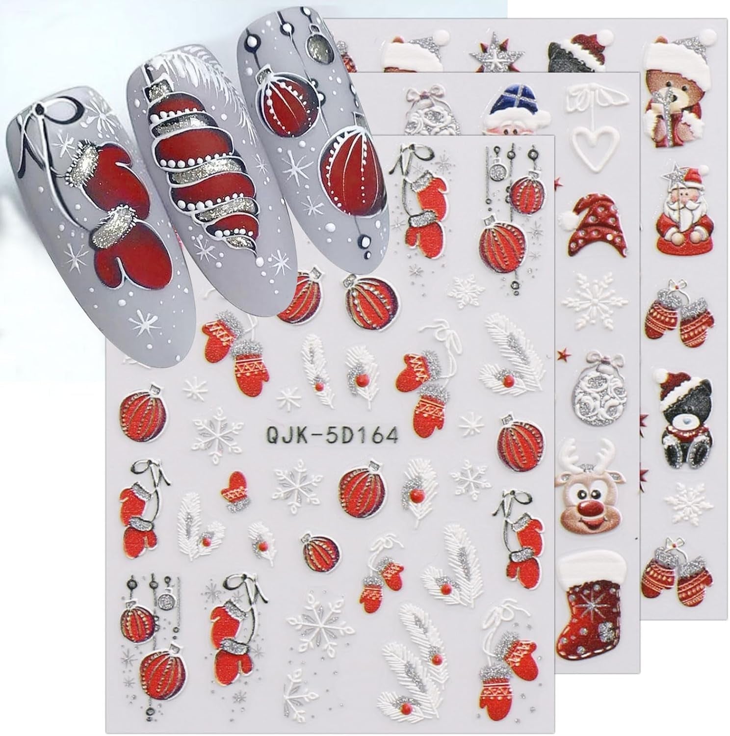 JMEOWIO 3D Nagelsticker Weihnachten Glitzer Nail Art Sticker Selbstklebend Nagelaufkleber 5D Stereoskopisch Schneeflocke Winterurlaub Süß Decoratie Nageldesign Zubehör 4 Blatt
