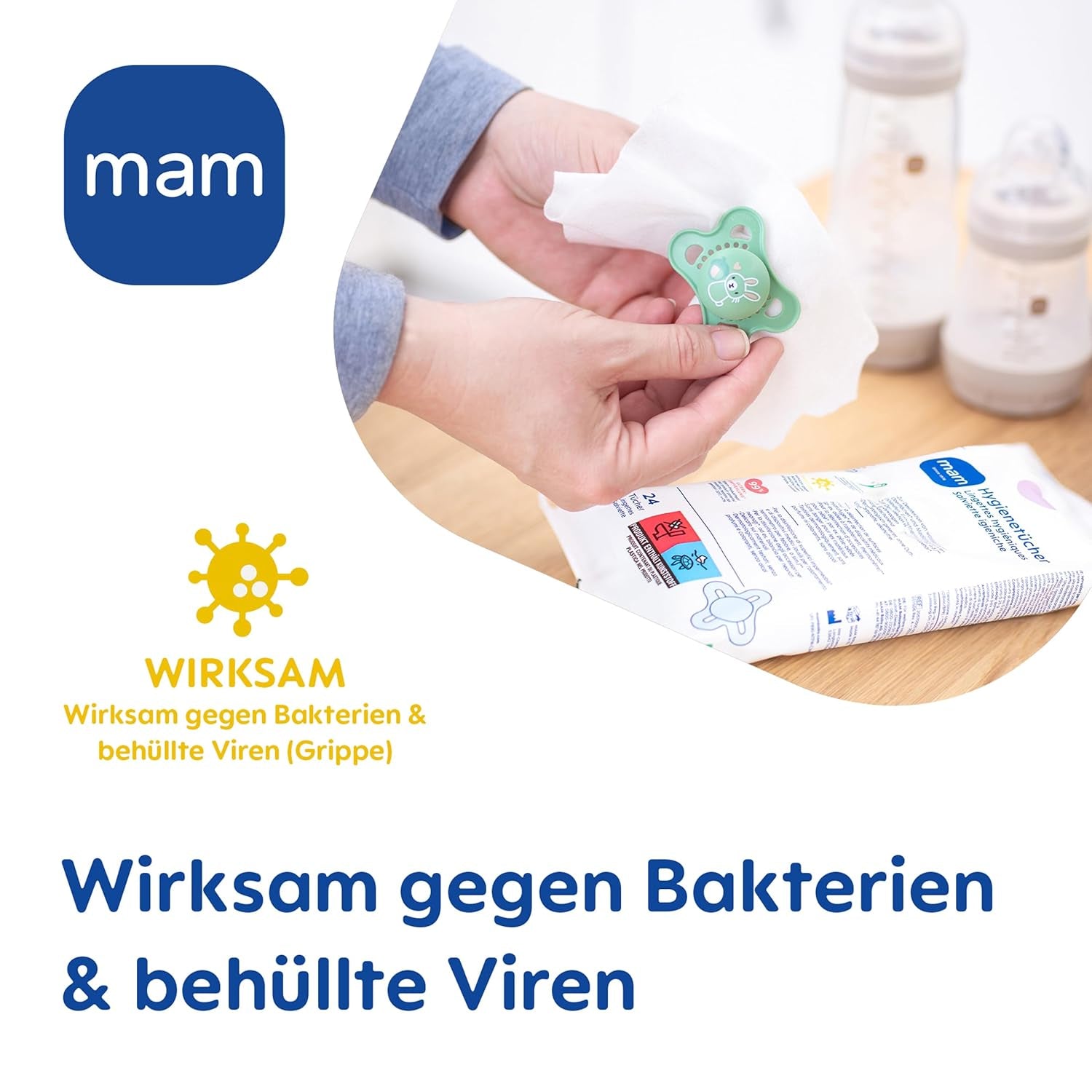 MAM maandverband 3-pack (3 x 24 stuks), schoonmaakdoekjes voor medische hulpmiddelen en babyaccessoires, antibacteriële en viruseffectieve maandverbanden