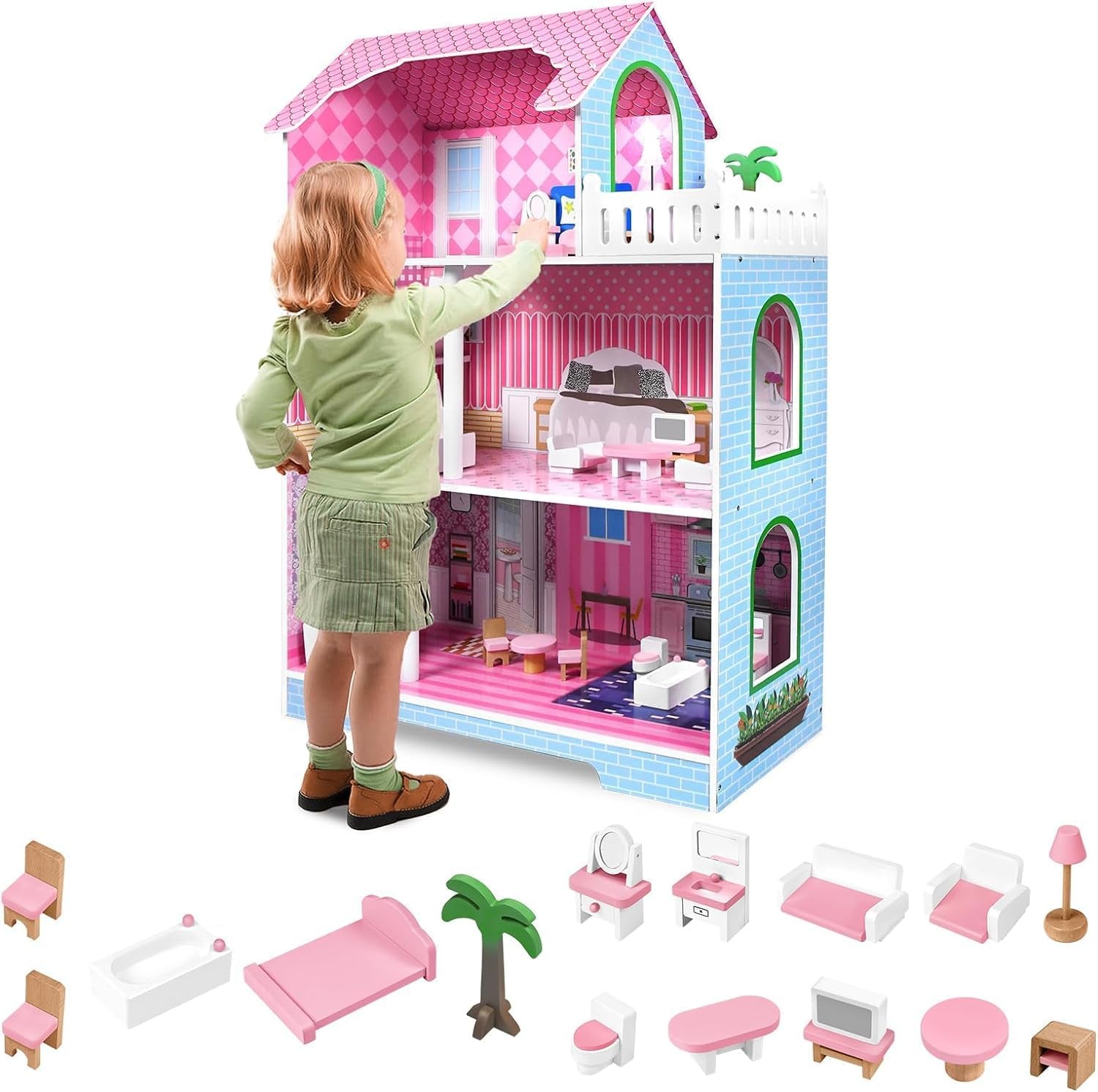 HENGMEI Puppenhaus Kinder Holz Puppenvilla poppenhuisset Mädchen Spielset 3 Etagen Haus mit Möbeln und Zubehör, 70x30x100cm Puppenhäuser für Kinder (Typ B)