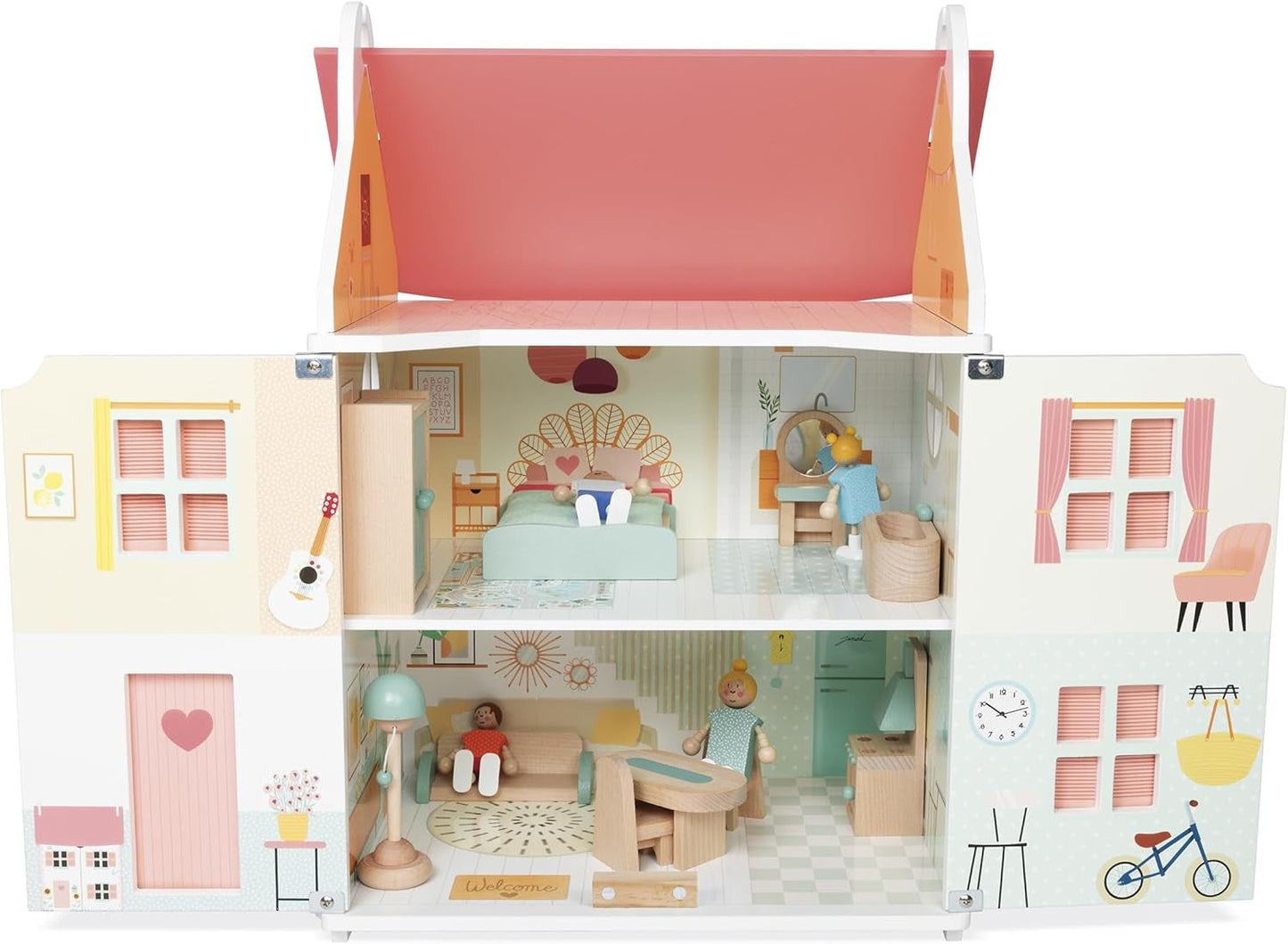 Janod - Mijn eerste houten poppenhuis - 10 accessoires - Poppenmeubels - Magnetische deuren en afneembaar dak - FSC-gecertificeerd houten speelgoed - Vanaf 3 jaar
