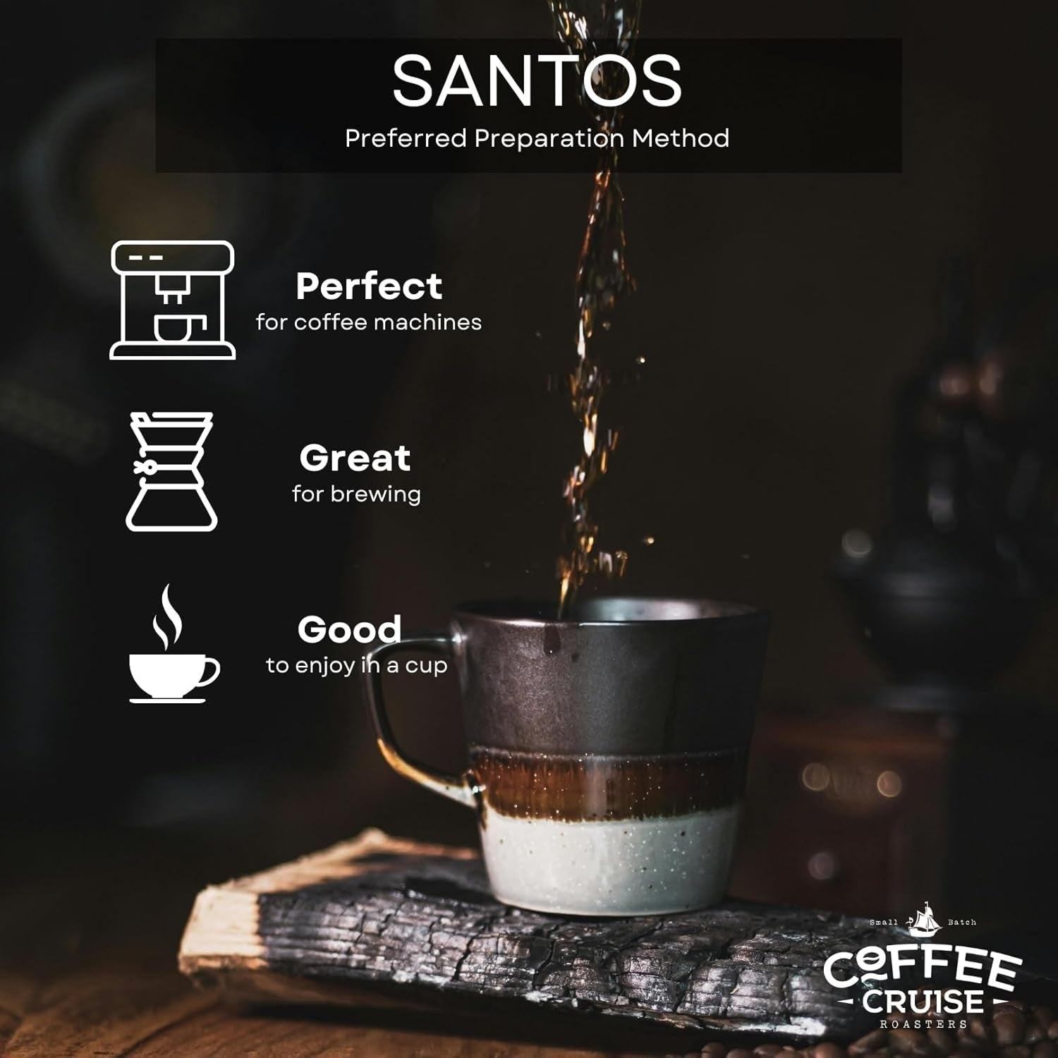 KOFFIECRUISE Santos Kaffeebohnen 1kg - Mittlere Röstung - Aroma Caramel - Für All Kaffeemaschinen - 100% Arabisch