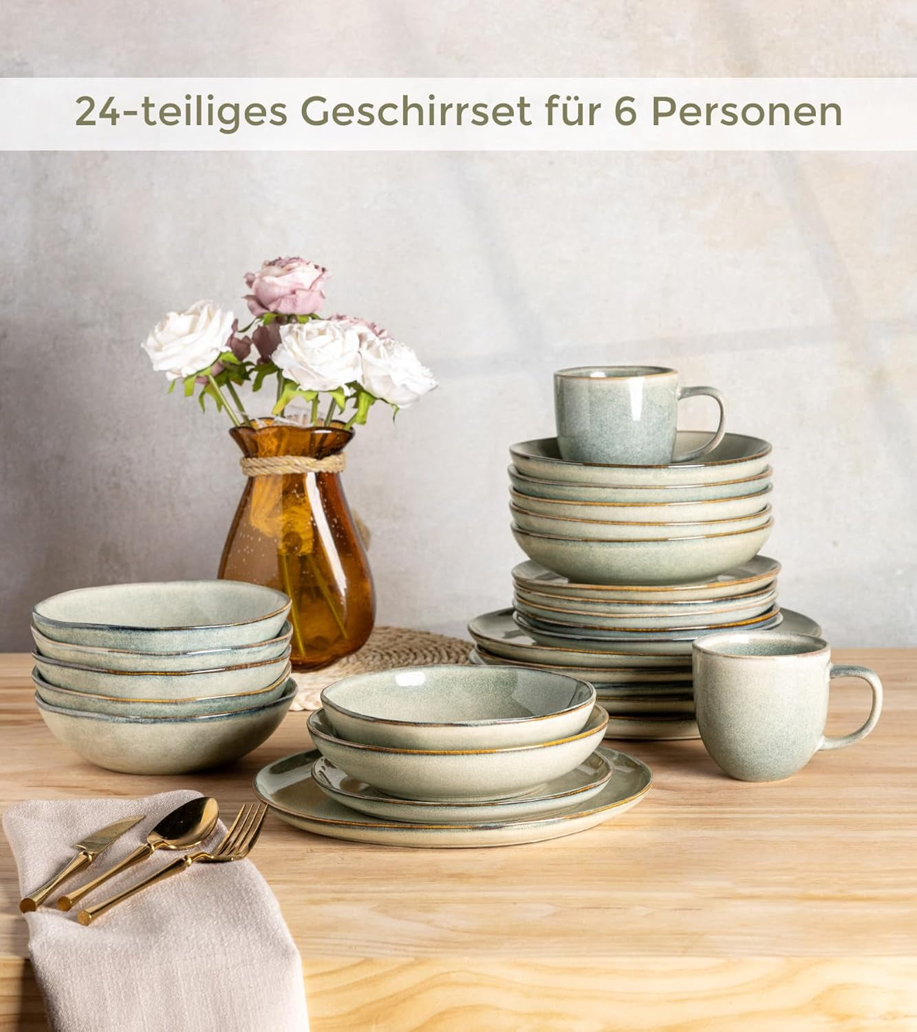 GBhome 6-persoons keramische serviesset, 24-delig, reactief glazuur, handgemaakt, magnetron- en vaatwasserbestendig, kom en bordenset Desret Sage GDW007GY-24P-EU