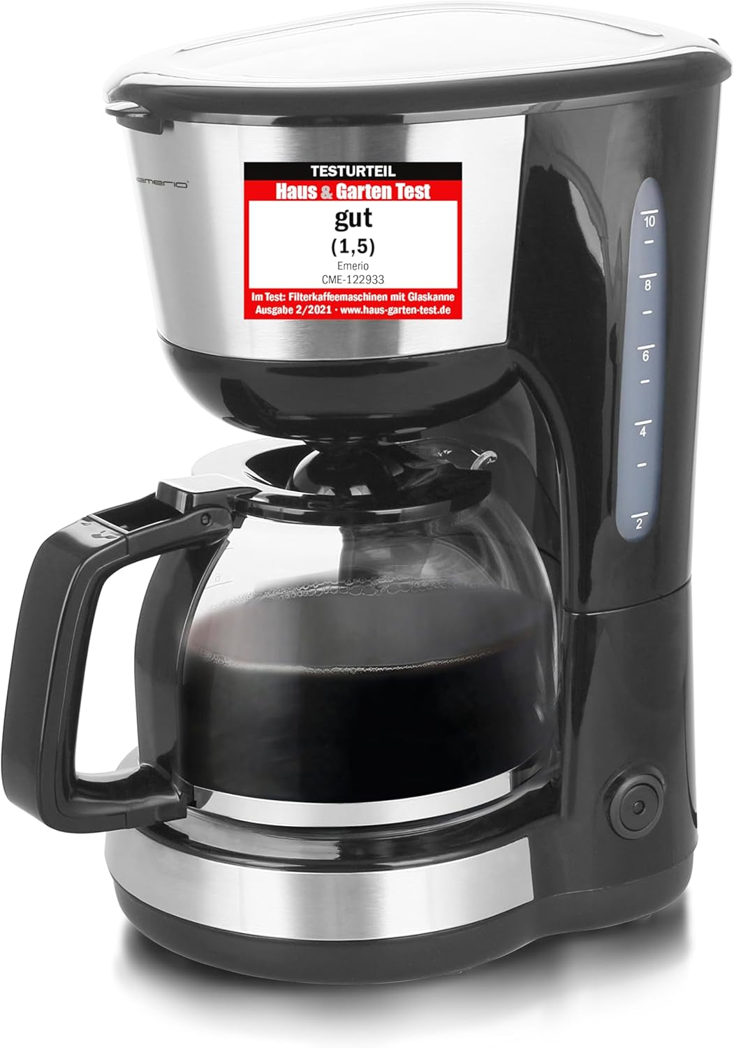 Emerio CME-122933, Filterkoffiezetapparaat, 1,25L voor maximaal 10 koppen verse koffie, permanent uitneembaar filter, antidruppelfunctie, glazen karaf, automatische uitschakeling, 1000 watt, zwart/zilver